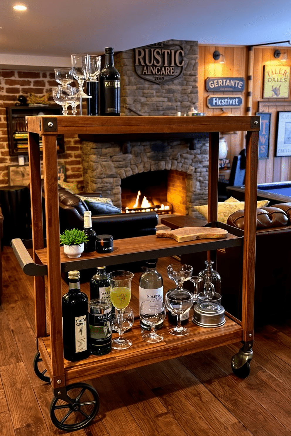 A rustic bar cart for entertaining guests features a weathered wooden frame with metal accents, showcasing an array of artisanal spirits and vintage glassware. The cart is adorned with a small potted plant and a rustic cheese board, set against a backdrop of exposed brick and warm, ambient lighting. For rustic man cave design ideas, envision a cozy space with reclaimed wood paneling and a plush leather sofa centered around a stone fireplace. The room is accessorized with vintage signs, a pool table, and soft, dim lighting to create an inviting atmosphere for relaxation and entertainment.