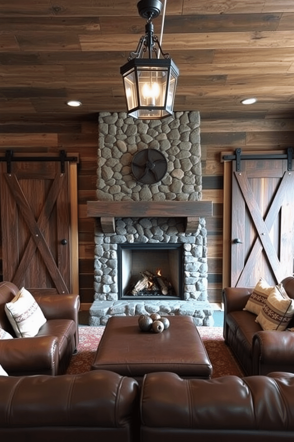 A rustic man cave featuring saloon-style doors that add character and charm to the space. The walls are adorned with reclaimed wood paneling, and a large stone fireplace serves as the focal point, surrounded by comfortable leather seating.