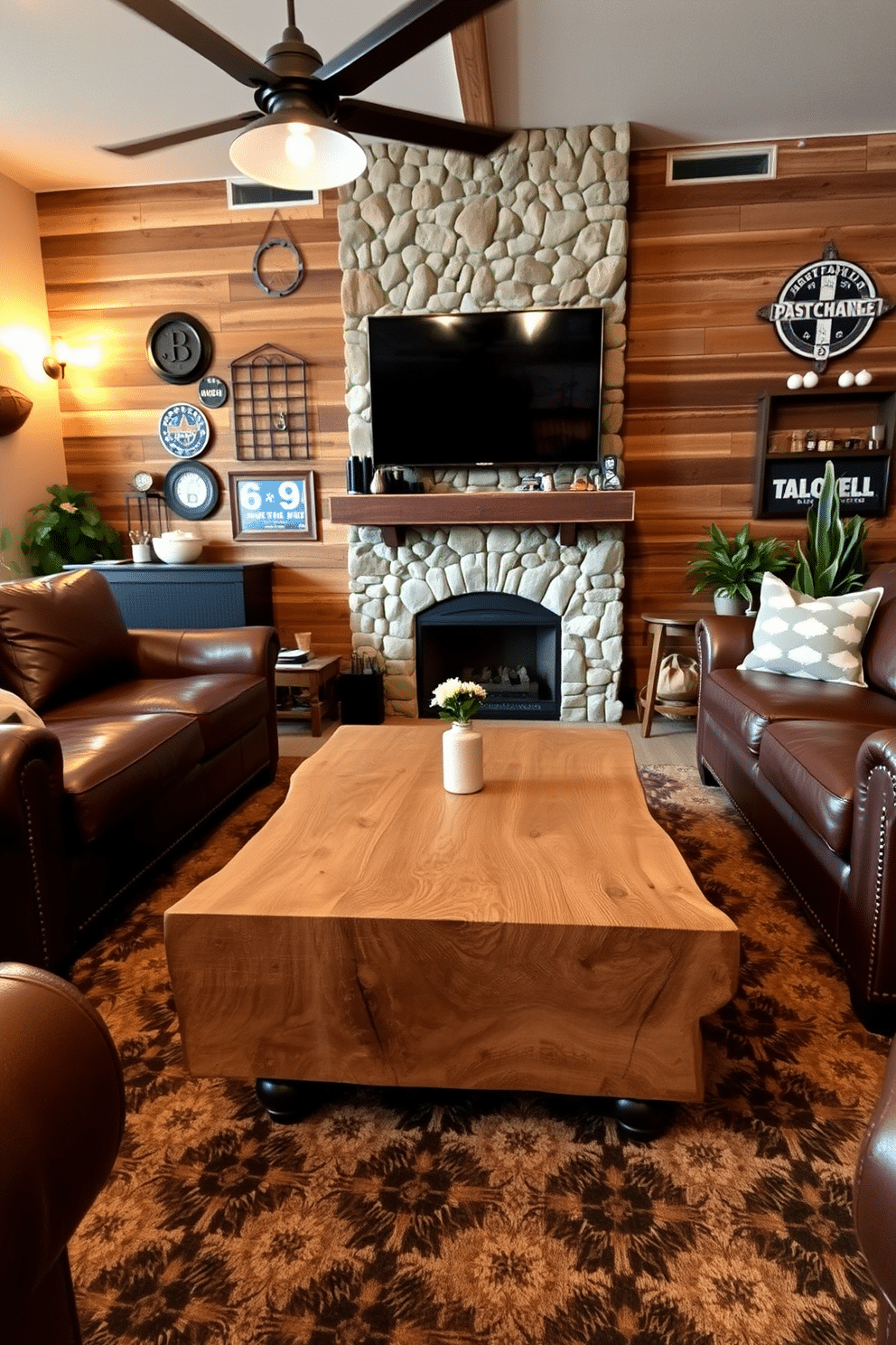 A natural wood coffee table with visible knots sits at the center of a cozy man cave, surrounded by plush leather sofas and a reclaimed wood accent wall. Soft, ambient lighting from industrial-style fixtures casts a warm glow, enhancing the rustic charm of the space. The decor features vintage sports memorabilia and a large flat-screen TV mounted above a stone fireplace, creating a perfect spot for relaxation and entertainment. A patterned area rug adds texture, while potted plants bring a touch of nature indoors, balancing the rugged elements with organic warmth.