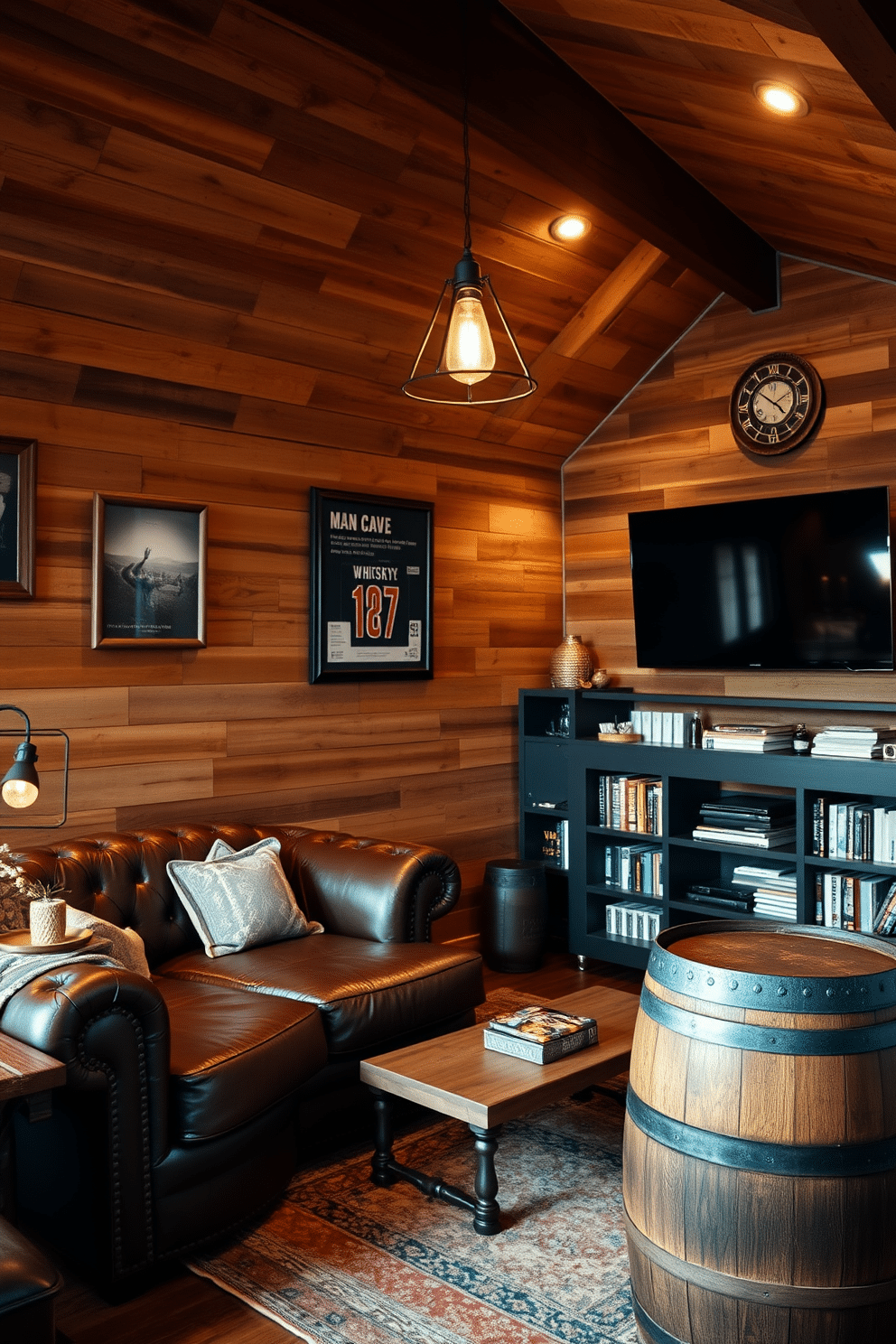 A rustic man cave featuring an old barn wood accent wall that adds warmth and character to the space. The room is furnished with a plush leather sofa, a vintage coffee table, and an antique whiskey barrel serving as a side table. Soft ambient lighting is provided by industrial-style pendant lights hanging from the ceiling, creating a cozy atmosphere. A large flat-screen TV is mounted on the opposite wall, flanked by shelves displaying an array of sports memorabilia and books.