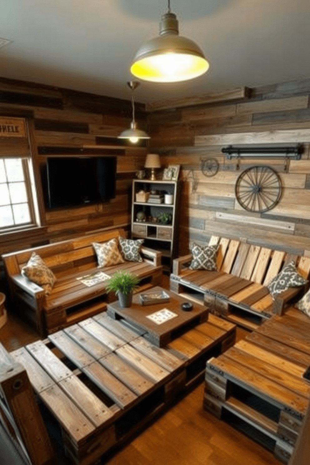 A cozy man cave featuring repurposed pallet furniture that adds a unique touch to the space. The room includes a large pallet coffee table surrounded by mismatched pallet seating, creating an inviting atmosphere for relaxation and entertainment. The walls are adorned with reclaimed wood paneling, enhancing the rustic charm of the design. Soft, warm lighting fixtures hang from the ceiling, illuminating the space and highlighting the eclectic decor elements throughout the room.