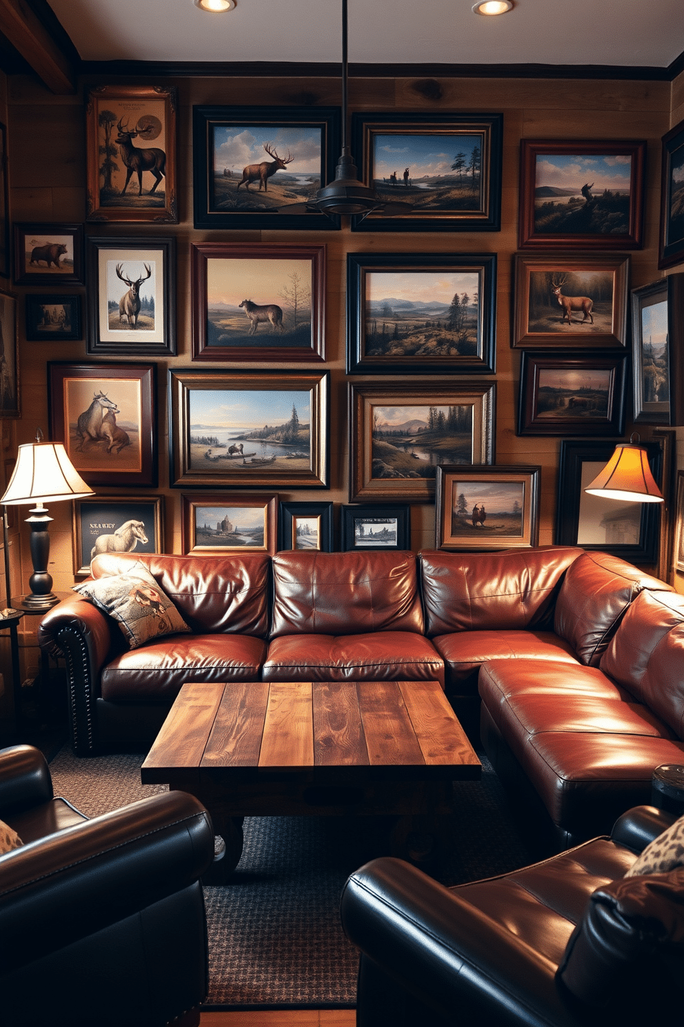 A cozy man cave featuring rustic-themed artwork and prints. The walls are adorned with a mix of vintage hunting prints and landscape paintings in wooden frames, creating a warm and inviting atmosphere. In the center, a large leather sectional sofa is paired with a reclaimed wood coffee table. Ambient lighting from industrial-style lamps casts a soft glow, enhancing the rustic charm of the space.