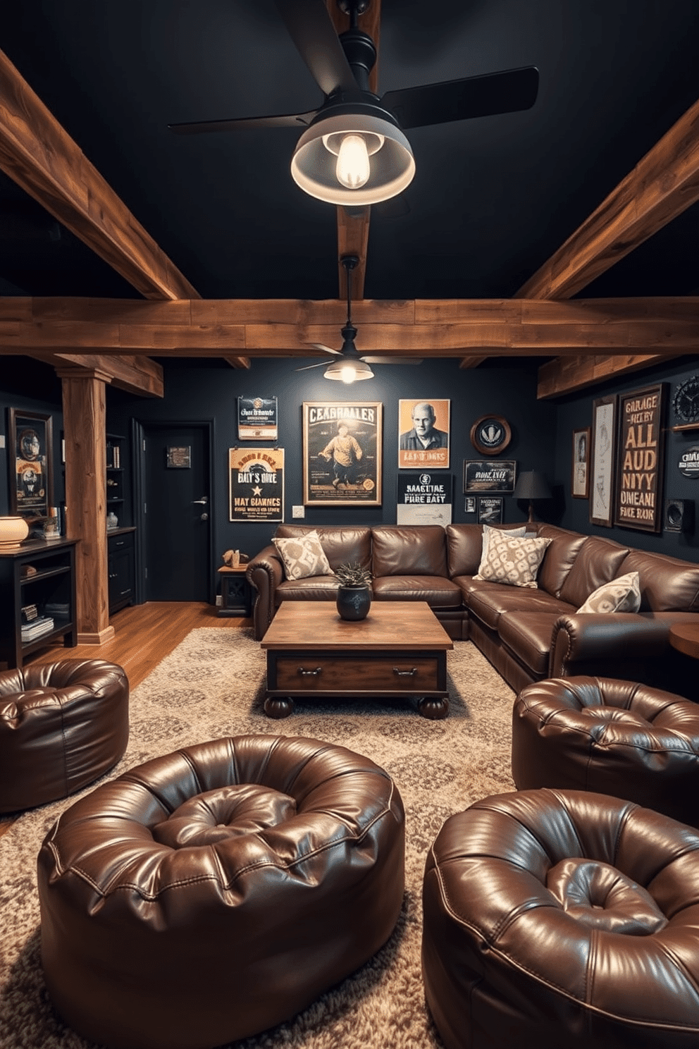 A cozy man cave featuring leather poufs strategically placed for extra seating. The space is adorned with reclaimed wood beams, a large sectional sofa, and a rustic coffee table, creating an inviting atmosphere for relaxation and entertainment. The walls are painted in a deep charcoal color, complemented by vintage posters and memorabilia that reflect a masculine aesthetic. Soft lighting from industrial-style fixtures enhances the warmth of the room, while a plush area rug adds comfort underfoot.