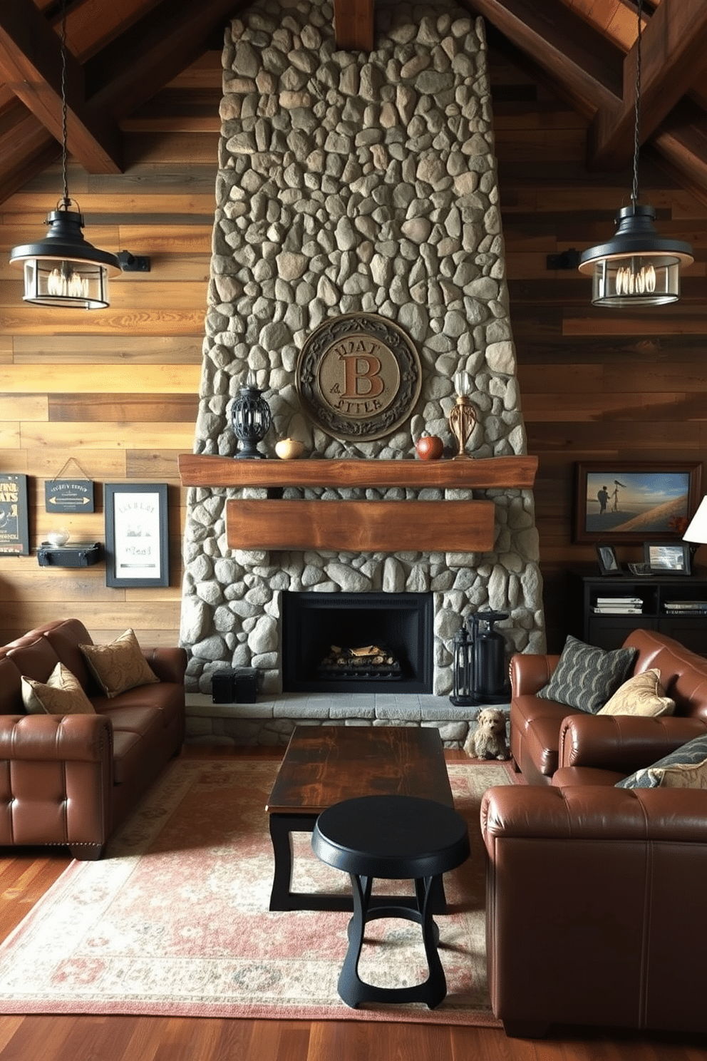 A cozy stone fireplace with a rugged wooden mantel serves as the focal point of a rustic man cave. Surrounding the fireplace, plush leather sofas in deep browns create an inviting seating area, complemented by soft, warm lighting from industrial-style pendant lamps. The walls are adorned with reclaimed wood paneling, enhancing the rustic charm of the space. A large area rug with earthy tones anchors the seating arrangement, while vintage sports memorabilia and framed photographs add a personal touch to the decor.