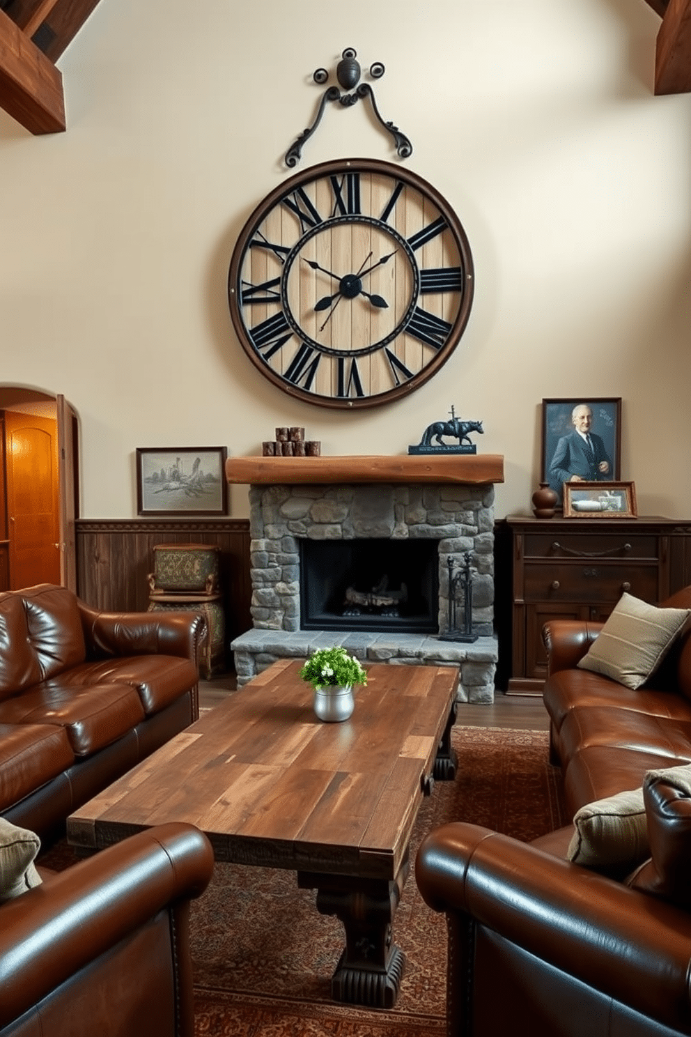 A vintage-inspired clock with intricate detailing and a distressed wooden frame hangs prominently on the wall. The clock features Roman numerals and ornate clock hands, evoking a sense of nostalgia and timeless elegance. The man cave is designed with rustic charm, featuring exposed wooden beams and a stone fireplace as the focal point. Leather sofas arranged around a reclaimed wood coffee table create a cozy atmosphere, complemented by warm lighting and vintage decor elements.