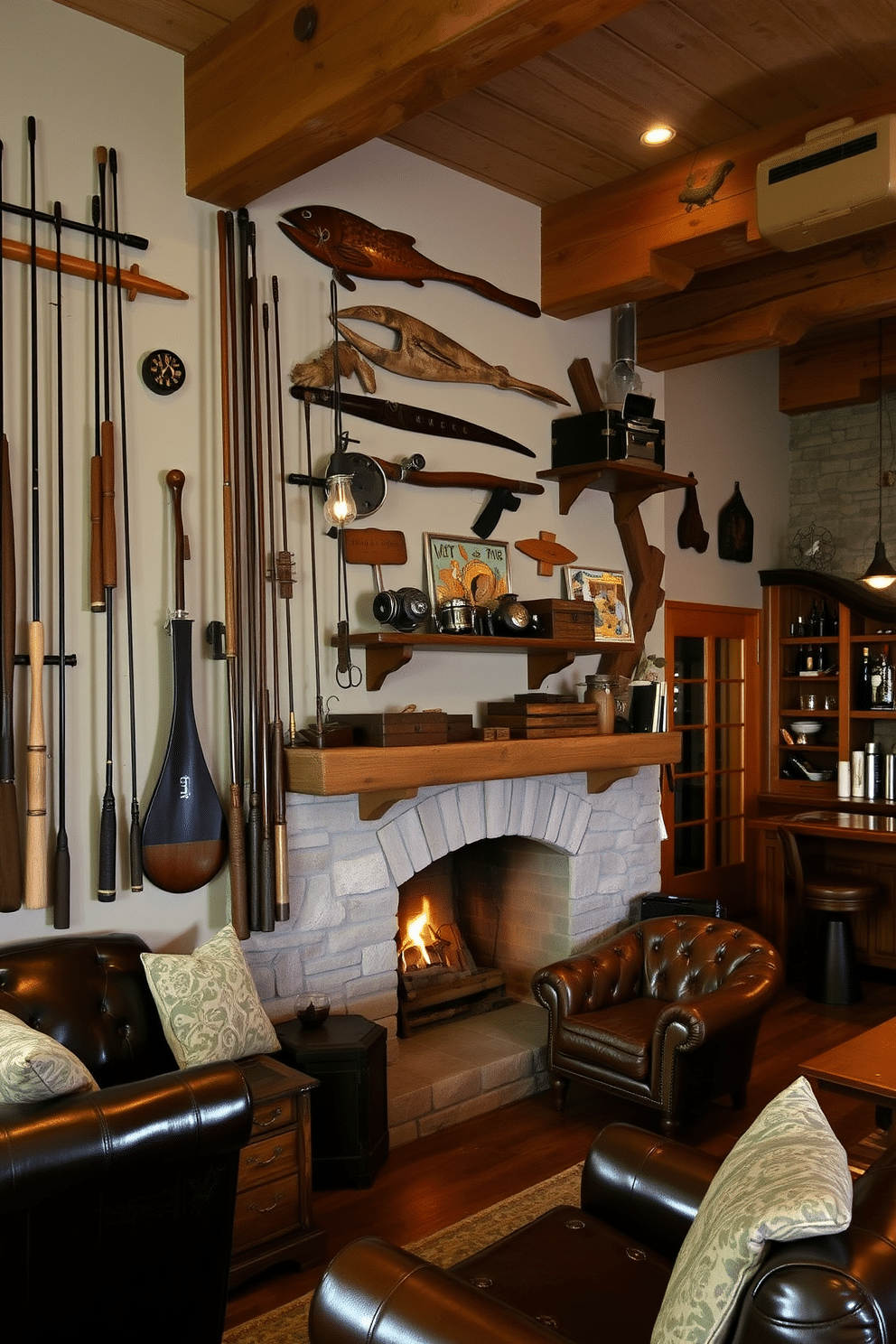 A charming display of antique fishing gear adorns the wall, featuring vintage rods, reels, and a collection of rustic wooden tackle boxes. The decor is complemented by soft ambient lighting that enhances the nostalgic atmosphere of the space. The man cave design embraces a rustic aesthetic with exposed wooden beams and a stone fireplace as the focal point. Cozy leather seating and a handcrafted bar create an inviting environment for relaxation and entertainment.