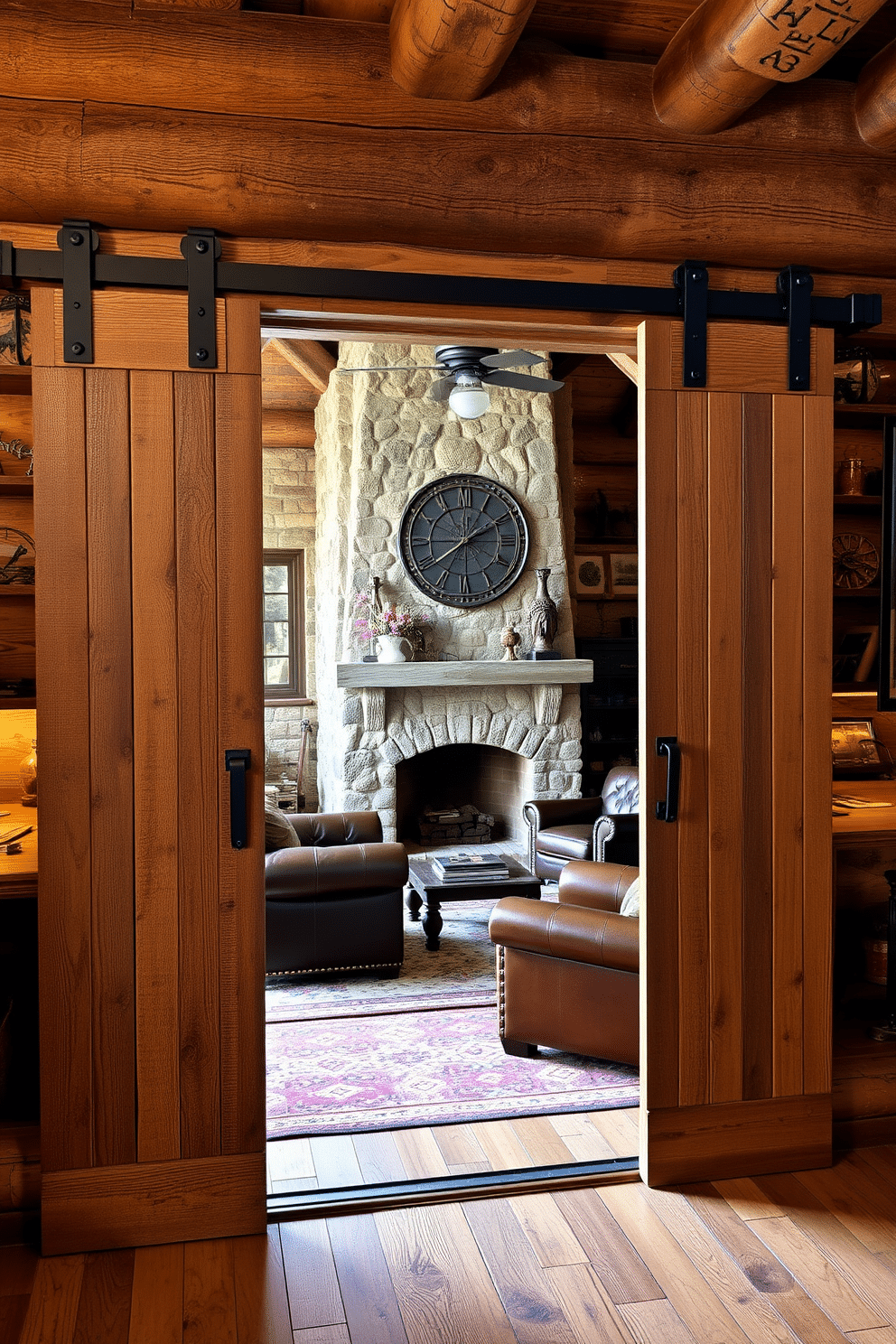 A rustic man cave featuring a barn door entrance with a sliding track, crafted from reclaimed wood for an authentic touch. Inside, the space is adorned with leather furniture, a stone fireplace, and vintage decor that embodies a cozy, masculine atmosphere.