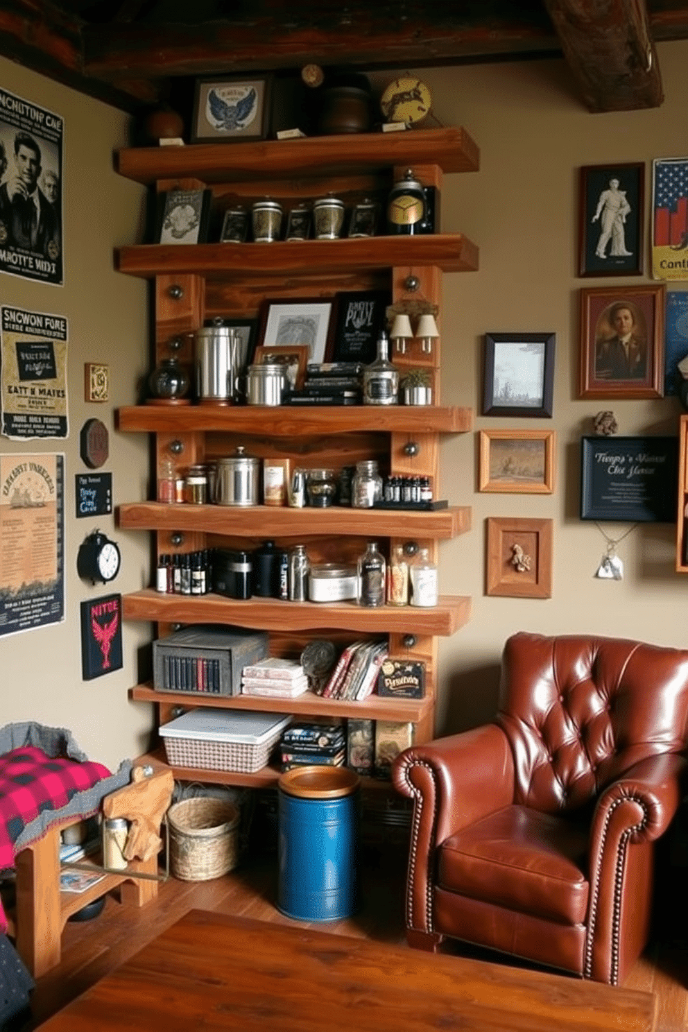 A cozy man cave featuring rustic wooden shelving that displays an array of collectibles. The shelves are crafted from reclaimed wood, adding a warm and inviting touch to the space, while a leather armchair sits nearby for comfortable seating. The walls are adorned with vintage posters and rustic decor, creating a laid-back atmosphere. A small wooden coffee table complements the shelving, providing a perfect spot for drinks and snacks during gatherings.