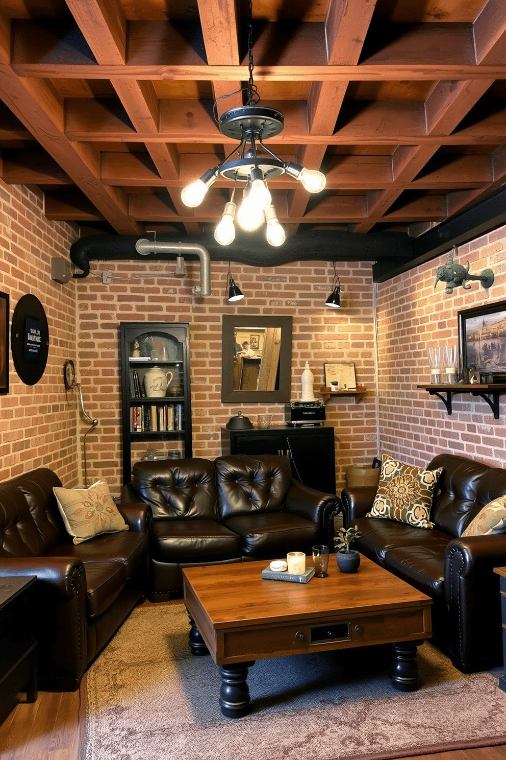 A cozy man cave featuring exposed brick walls and wooden beams, with industrial lighting that showcases Edison bulbs hanging from a metal fixture. The space is furnished with a large leather sofa, a reclaimed wood coffee table, and vintage decor elements that enhance the rustic charm.