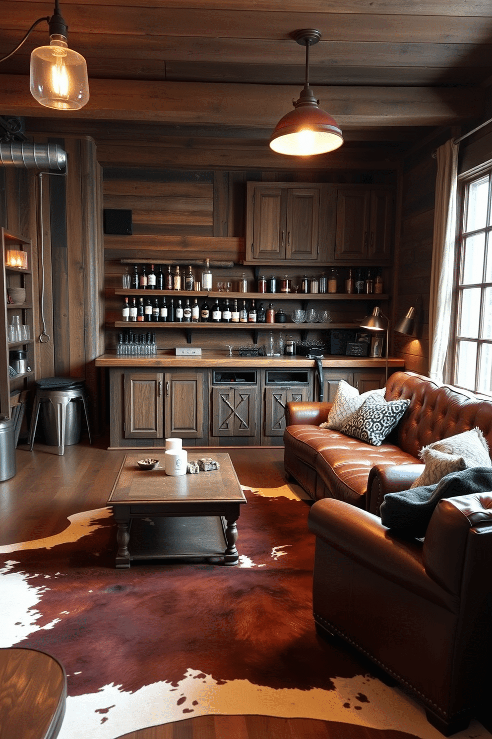 A cozy man cave featuring a large cowhide rug that adds warmth and texture to the space. The walls are adorned with reclaimed wood panels, and a plush leather sofa invites relaxation, complemented by a vintage coffee table. In one corner, a rustic bar area showcases wooden shelves stocked with various spirits and glassware. Soft, ambient lighting from industrial-style fixtures enhances the inviting atmosphere, making it the perfect retreat for gatherings.