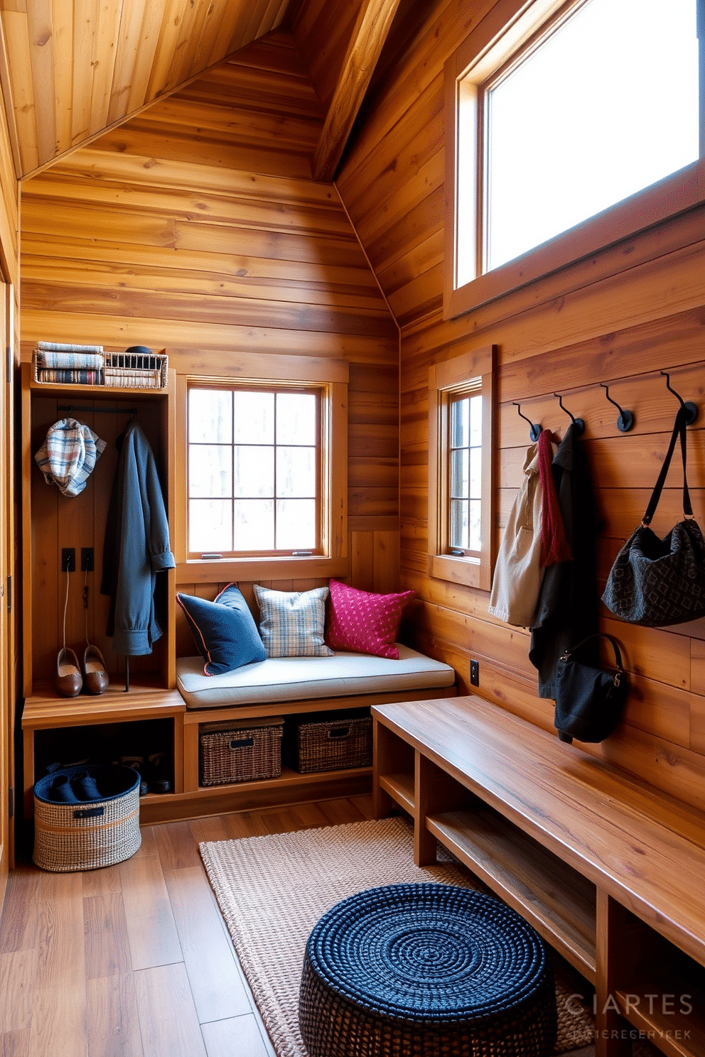 A rustic mudroom features a large rustic mirror with a handcrafted wooden frame, reflecting the warm, earthy tones of the space. The walls are adorned with reclaimed wood paneling, and a bench made of distressed wood provides a welcoming spot to sit and remove shoes. The floor is covered in a durable, textured tile that mimics natural stone, perfect for withstanding muddy boots. Hooks made from wrought iron are mounted on the wall, ready to hold coats and bags, while a woven basket sits nearby for storing outdoor gear.