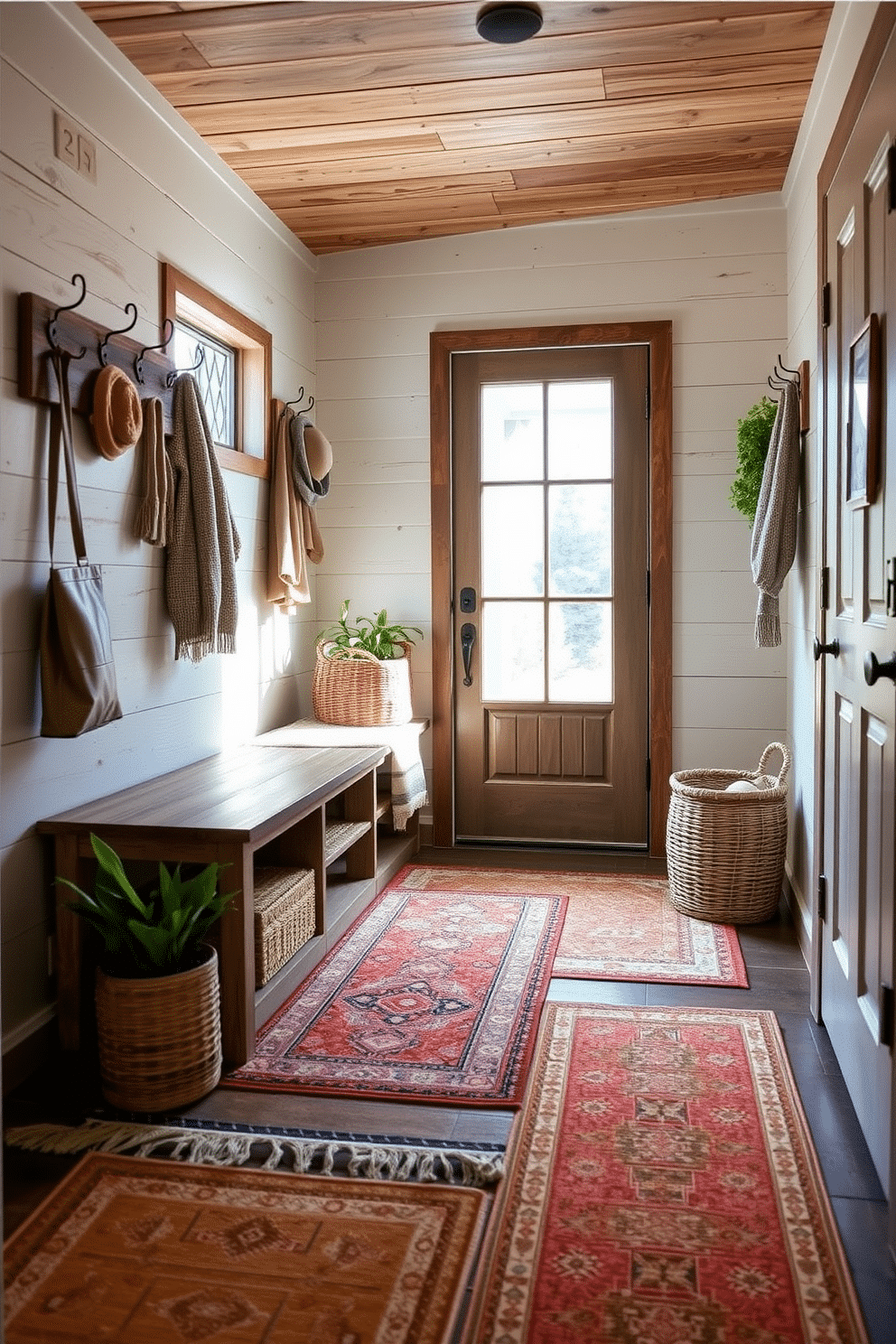 A chalkboard wall serves as a dynamic backdrop for family messages and artwork, encouraging creativity and communication in the home. The wall is framed with reclaimed wood, adding warmth and character to the space. The rustic mudroom features a combination of weathered wood and metal accents, creating an inviting and functional entryway. Built-in benches with storage underneath provide ample space for shoes and bags, while hooks above offer a convenient place for coats and hats.