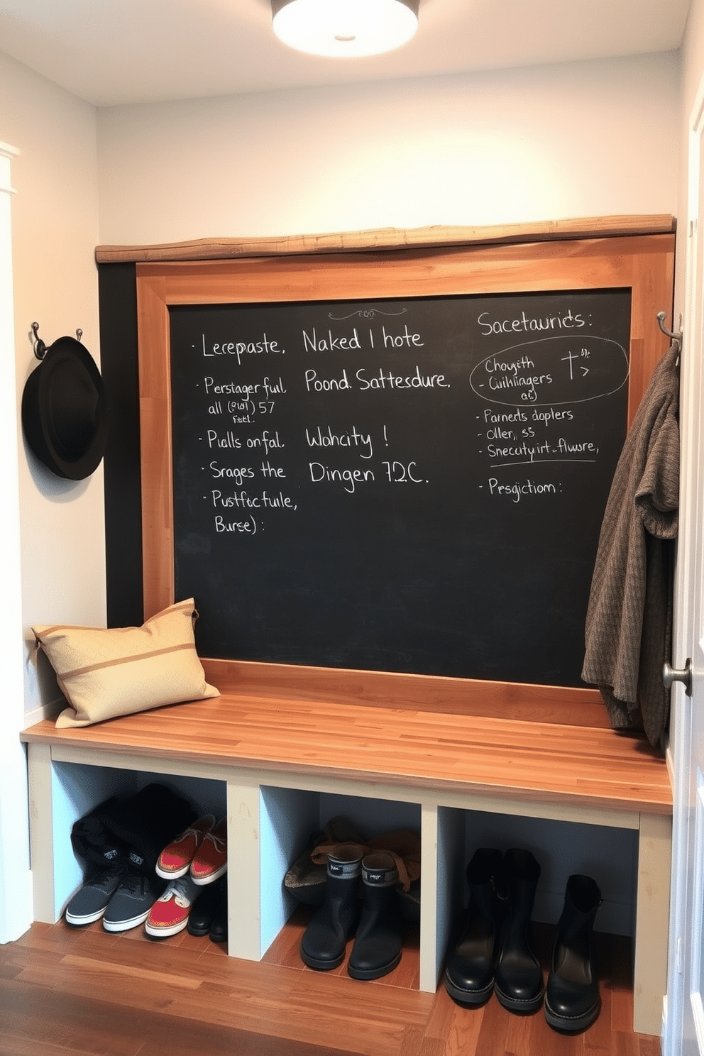 A rustic mudroom features a spacious island crafted from reclaimed wood, providing additional seating and storage. The island is topped with a weathered wood surface, complemented by woven baskets underneath for organization. The walls are adorned with shiplap in a soft white hue, enhancing the cozy atmosphere. A series of hooks line the wall for hanging coats and bags, while a vintage rug adds warmth to the floor.