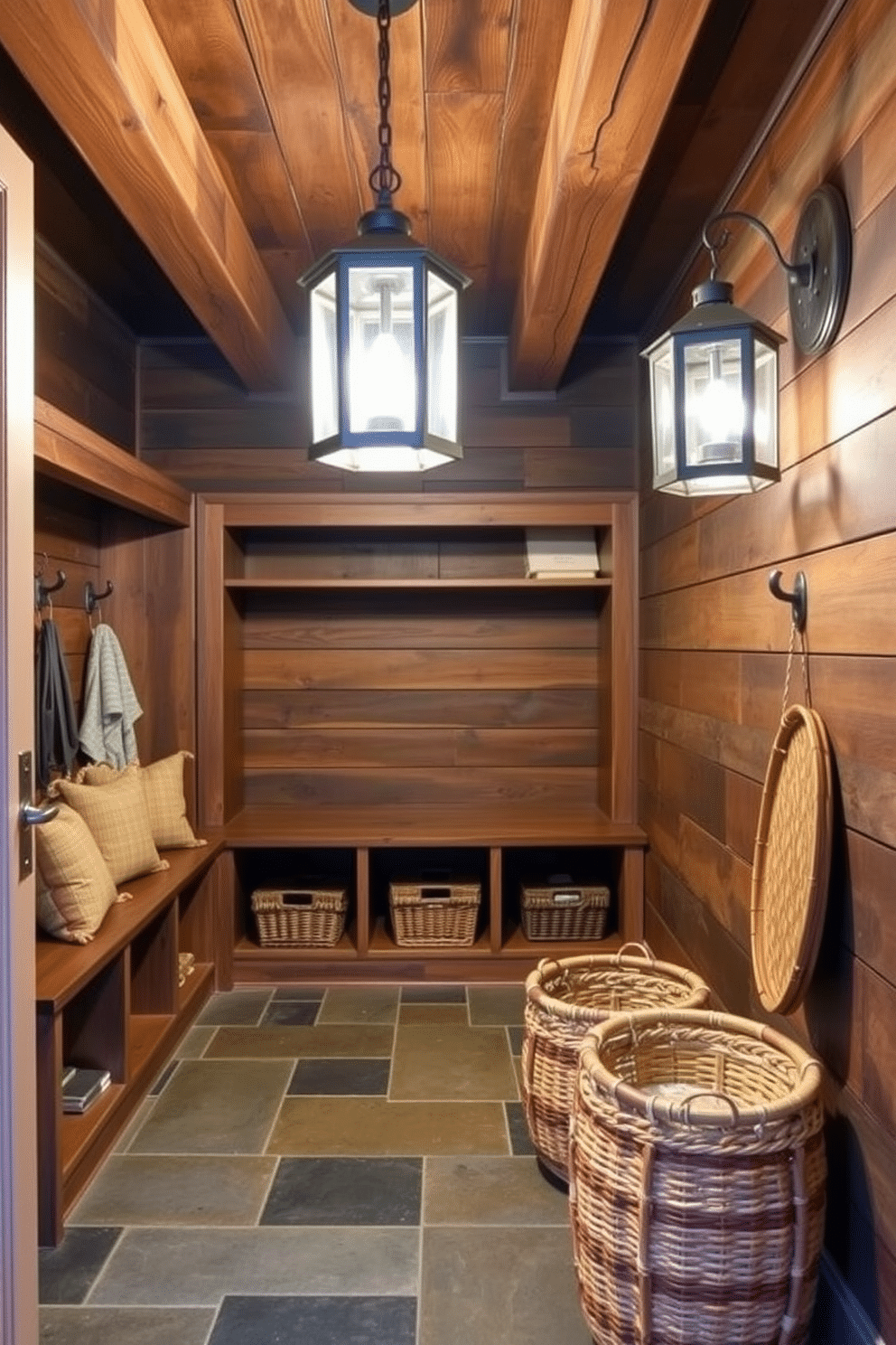 A cozy mudroom features a rustic wooden bench with built-in storage underneath, ideal for shoes and outdoor gear. Above the bench, there are open shelves made from reclaimed wood, displaying mason jars filled with small items like keys, buttons, and craft supplies. The walls are painted a soft, warm beige, complemented by a patterned area rug that adds a touch of color. A few hooks are mounted on the wall for hanging jackets and bags, creating an inviting and organized space.