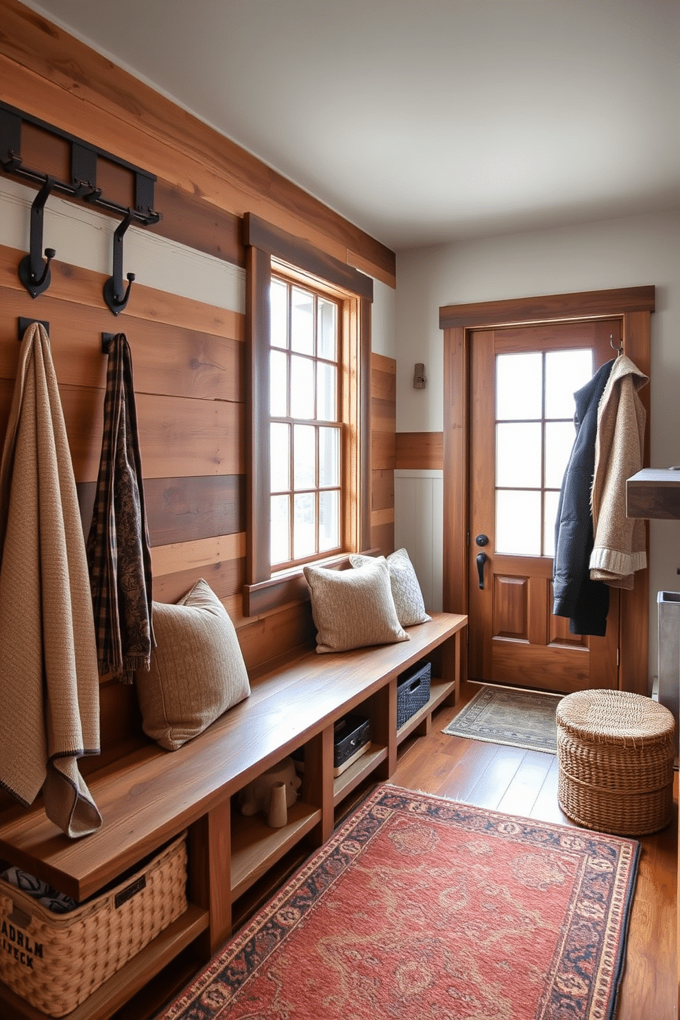 A rustic mudroom features a combination of reclaimed wood and metal accents, with a large wooden bench for seating and storage underneath. Industrial-style lighting fixtures hang from the ceiling, casting a warm glow over the space, while open shelving displays baskets and outdoor gear.