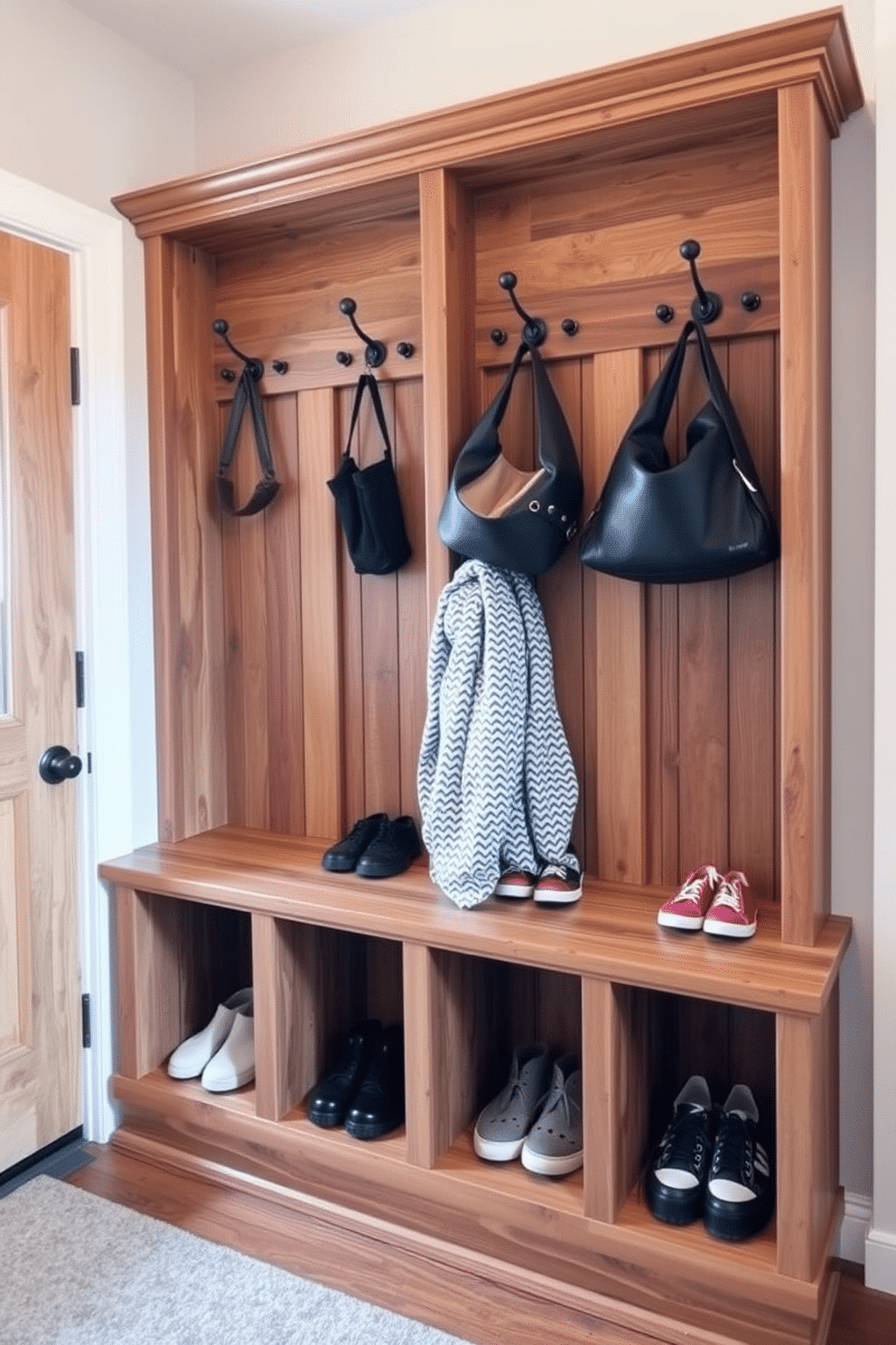 A cedar chest sits against the wall, its rich wood grain adding warmth to the space. Seasonal items are neatly stored inside, while a cozy knitted throw drapes over the top. The rustic mudroom features reclaimed wood benches and hooks for hanging coats, creating an inviting entryway. A slate tile floor complements the earthy tones, and potted plants add a touch of greenery.