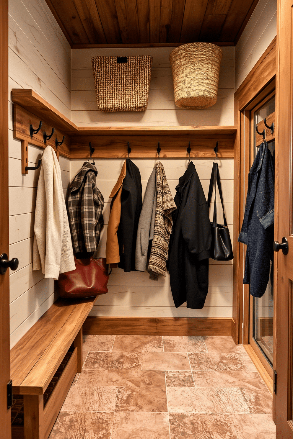 A rustic ladder made of reclaimed wood leans against a textured wall, adorned with cozy, hand-woven blankets in various earth tones. The floor is covered with a warm, woven rug, adding an inviting touch to the space. The mudroom features a combination of wooden benches and hooks, perfect for storing outdoor gear and accessories. Natural light floods in through a window, illuminating the space and highlighting the rustic charm of the wooden accents.