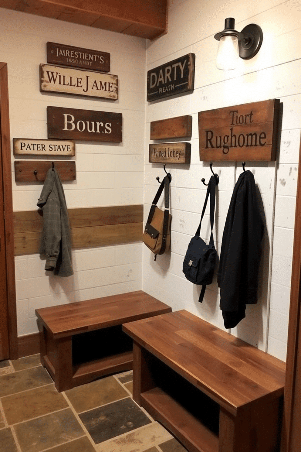 Natural wood paneling lines the walls, creating a warm and inviting atmosphere in the rustic mudroom. A bench made of reclaimed wood sits against one wall, adorned with plush cushions and surrounded by hooks for hanging coats and bags.