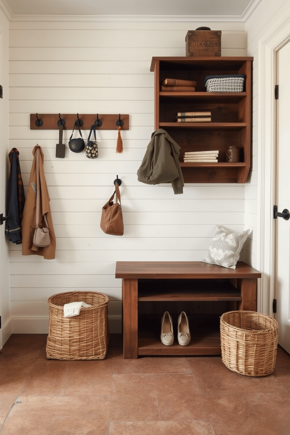 Antique wardrobe turned into storage. The wardrobe features intricate carvings and a distressed finish, with shelves inside for organizing shoes and accessories. Rustic mudroom design ideas. The space includes reclaimed wood benches, hooks for coats, and a large window that lets in natural light, enhancing the cozy, welcoming atmosphere.