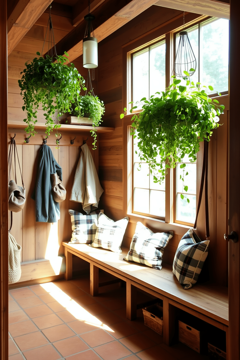 A rustic mudroom features a pallet wood wall that adds warmth and character to the space. The floor is adorned with durable, textured tiles, and a wooden bench with hooks above provides practical storage for coats and bags.