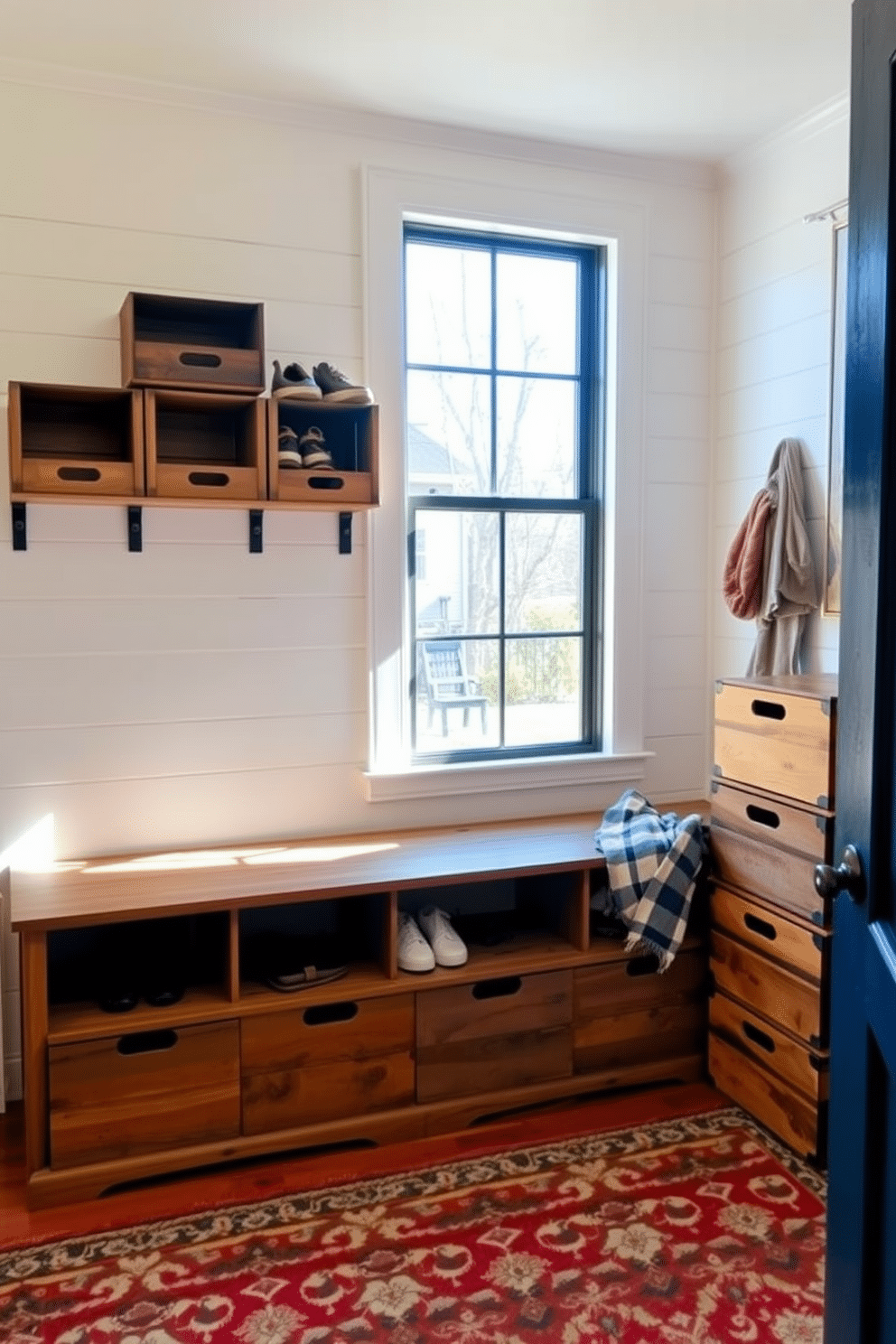 A rustic mudroom featuring a large corkboard mounted on the wall for easy note-taking. The space includes a wooden bench with storage underneath and hooks for coats, all set against a backdrop of reclaimed wood paneling.