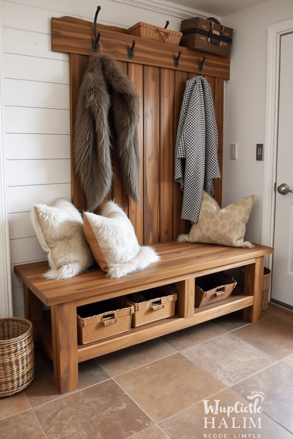 A rustic mudroom features a built-in bench constructed from reclaimed wood, providing a warm and inviting focal point. Below the bench, shoe cubbies are neatly arranged, offering practical storage for footwear while maintaining an organized appearance.