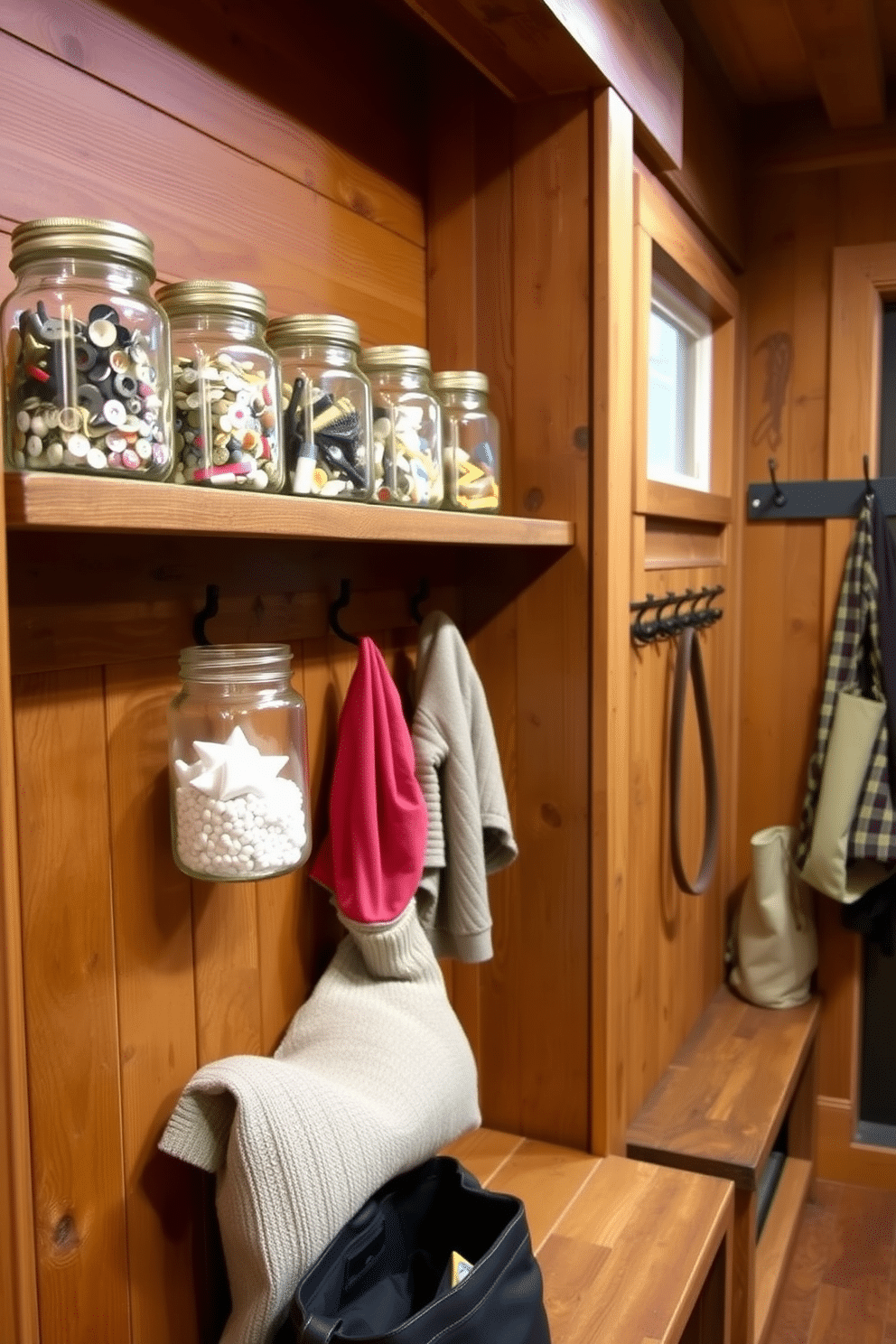 A rustic mudroom featuring a combination of reclaimed wood and stone elements. The space includes a built-in bench with storage underneath, surrounded by hooks for coats and a large window that lets in natural light. Lush hanging plants cascade from rustic wooden beams, adding a fresh touch to the earthy atmosphere. The floor is adorned with patterned tile, complementing the warm tones of the wood and creating an inviting entryway.