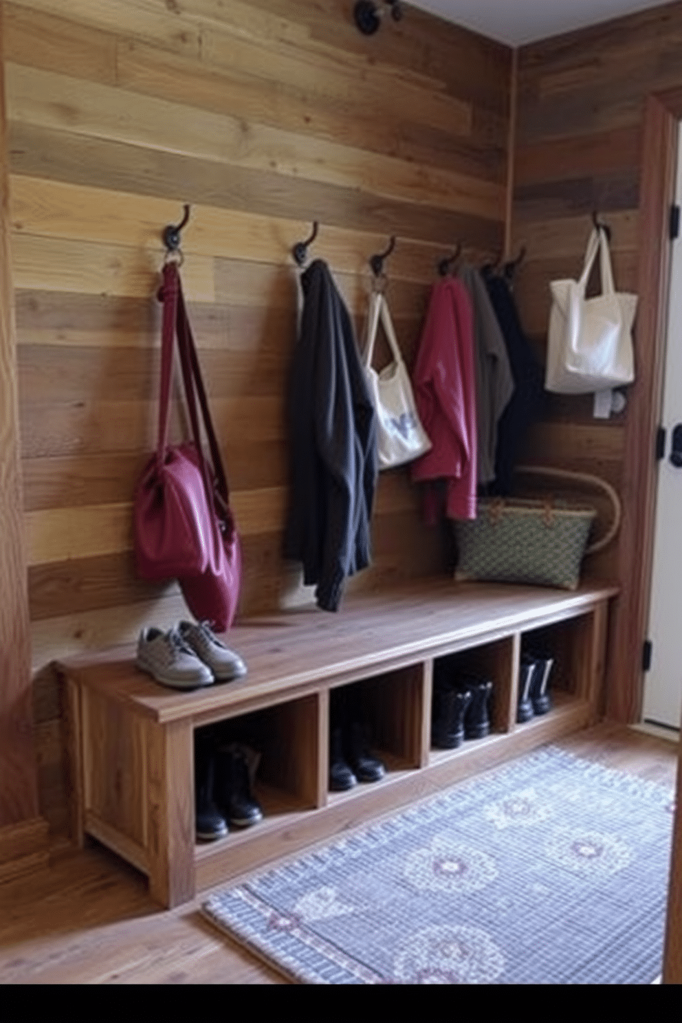 A rustic mudroom features a sturdy wooden bench with a distressed finish, providing a warm and inviting focal point. Behind the bench, a beautifully crafted tile backsplash in earthy tones adds texture and character to the space, complementing the natural wood elements. The walls are adorned with hooks for hanging coats and bags, enhancing the functionality of the mudroom. Soft lighting fixtures illuminate the area, creating a cozy atmosphere perfect for welcoming guests.