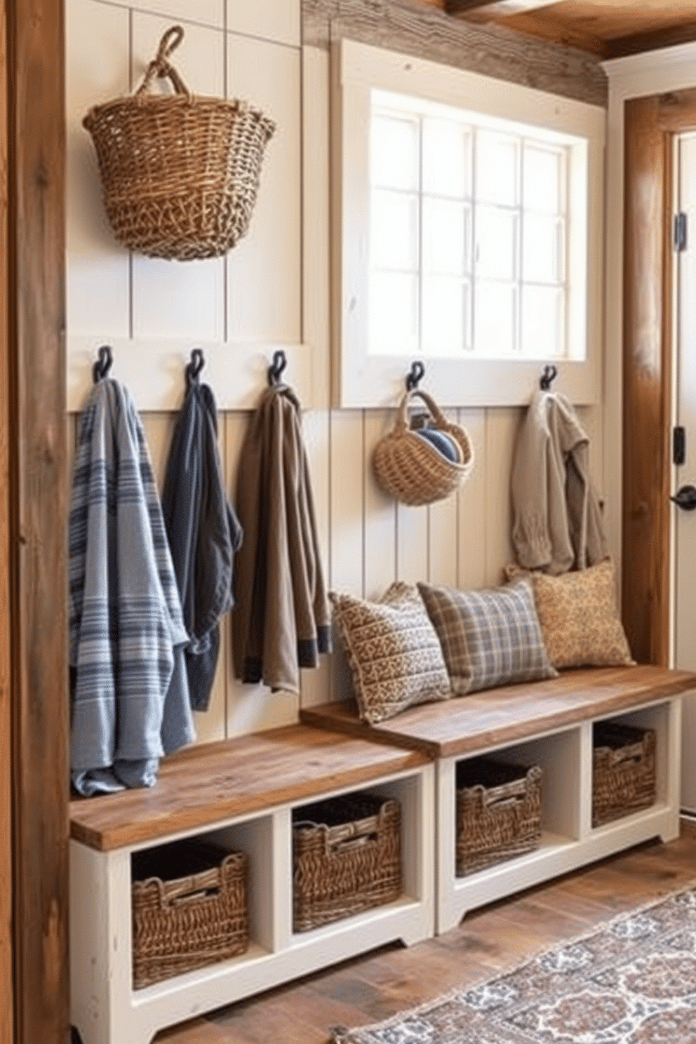 A cozy mudroom features repurposed furniture creatively transformed into unique storage solutions. A vintage wooden bench serves as a seat and storage space, complemented by a reclaimed wood shelf above for hats and bags. The walls are adorned with shiplap in a soft white finish, providing a rustic backdrop. An antique trunk sits in the corner, offering additional storage and a charming focal point in the room.