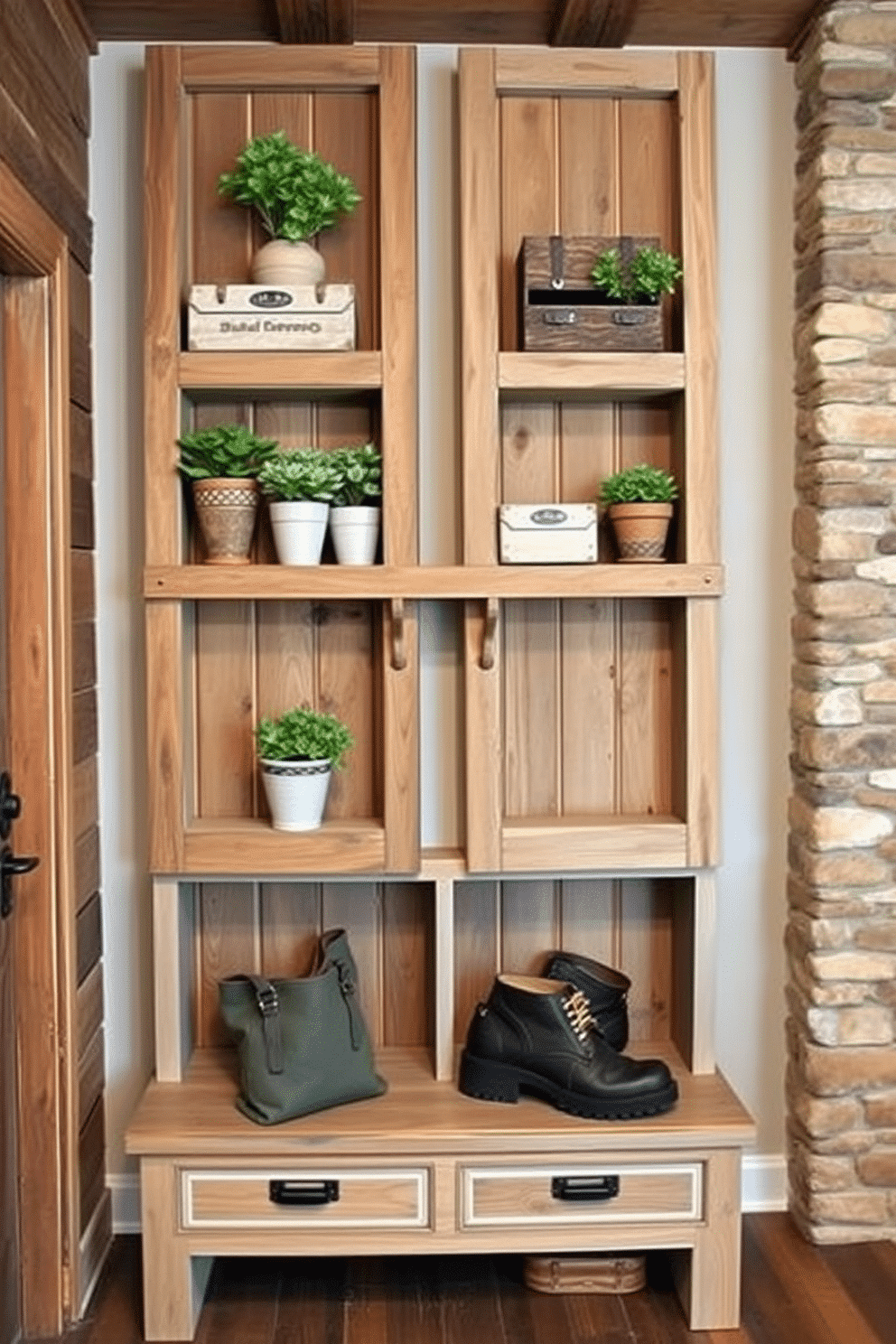 A cozy living space featuring wooden crates as side tables beside a plush sofa. The crates are stacked at varying heights, adorned with decorative books and a small potted plant, adding a touch of rustic charm. A functional mudroom designed with reclaimed wood benches and hooks for coats. The space is accented with woven baskets for storage, and a patterned rug adds warmth underfoot, creating an inviting entryway.