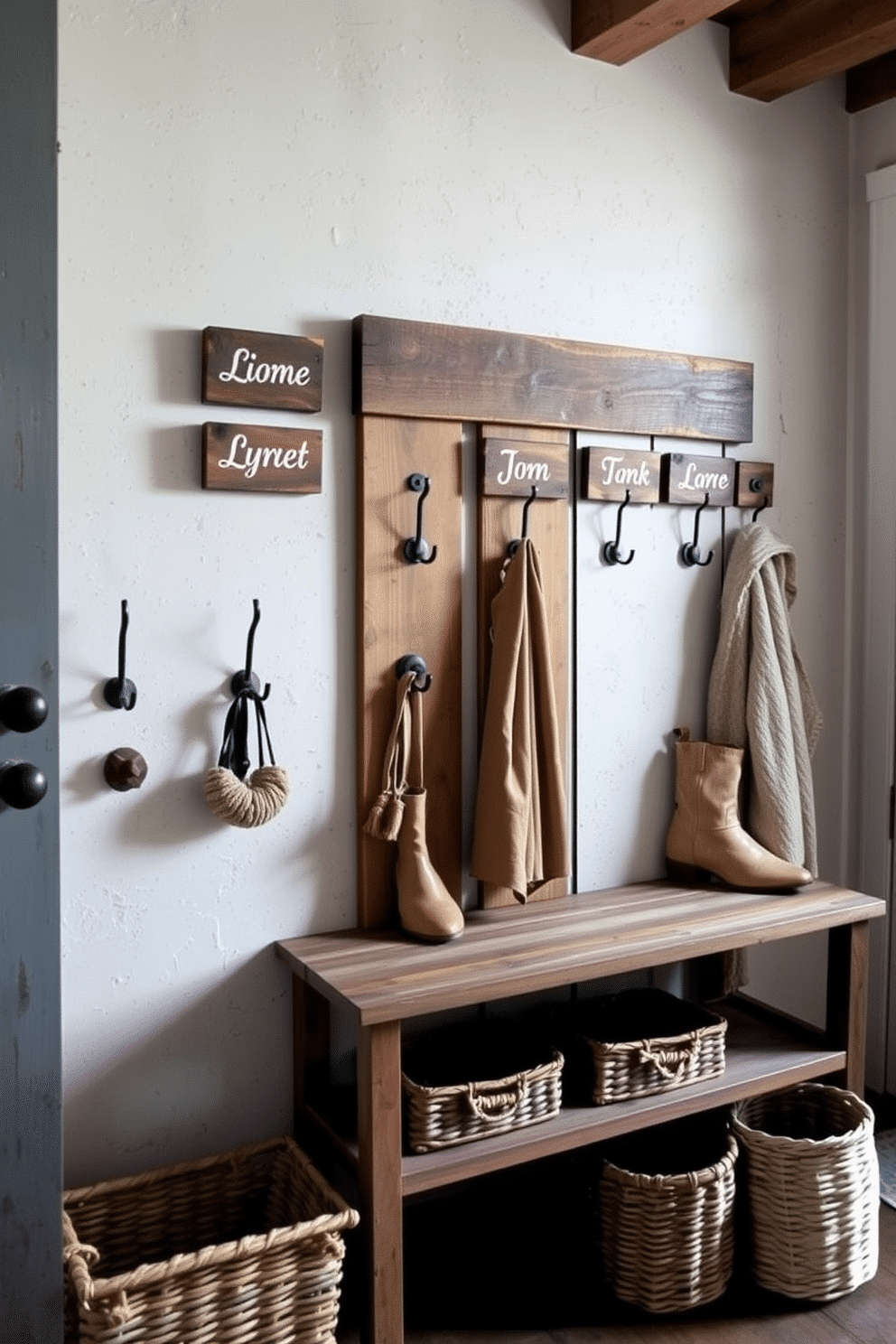 A cozy mudroom features rustic lanterns hanging from wooden beams, casting a warm glow over the space. The walls are adorned with reclaimed wood, and a bench with storage underneath provides a welcoming spot for shoes and outerwear. The floor is laid with durable, patterned tiles that can withstand heavy use, while hooks line the walls for easy access to coats and bags. A large, woven basket sits in the corner, adding texture and a touch of farmhouse charm to the overall design.