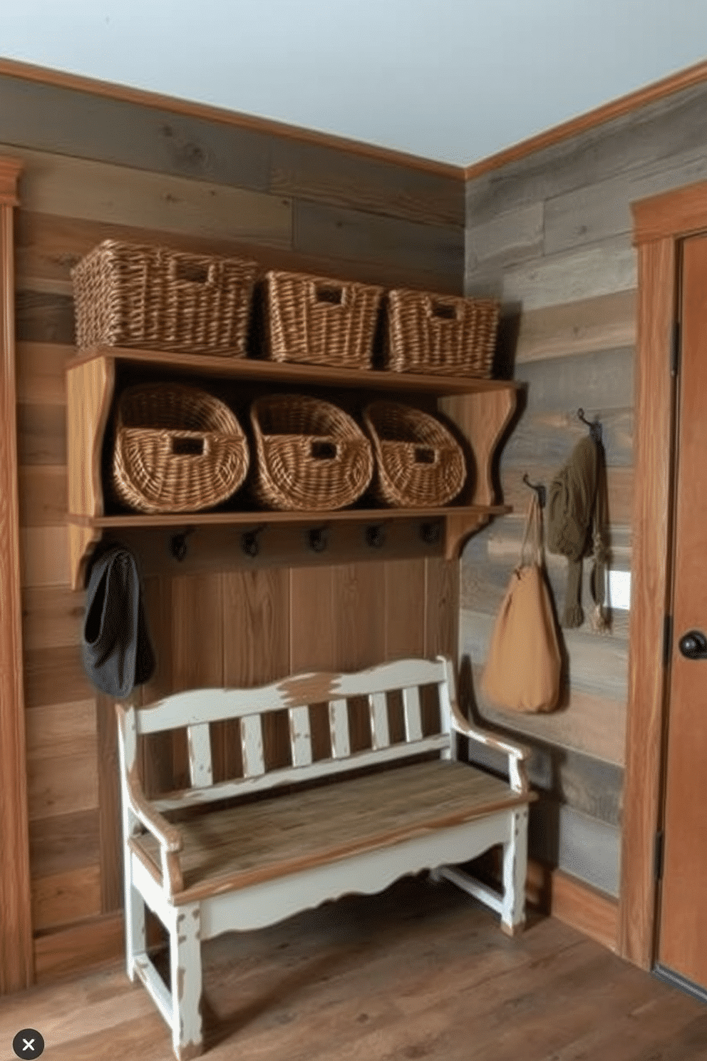 A cozy rustic mudroom features reclaimed wood shelves that display a curated collection of vintage baskets and potted plants. The walls are clad in shiplap, and a warm, earthy color palette complements the natural textures of the reclaimed wood. The mudroom includes a sturdy bench made from reclaimed wood, providing a perfect spot for putting on or taking off shoes. Hooks for coats and hats line the wall above, adding functionality to the inviting space while maintaining a rustic charm.