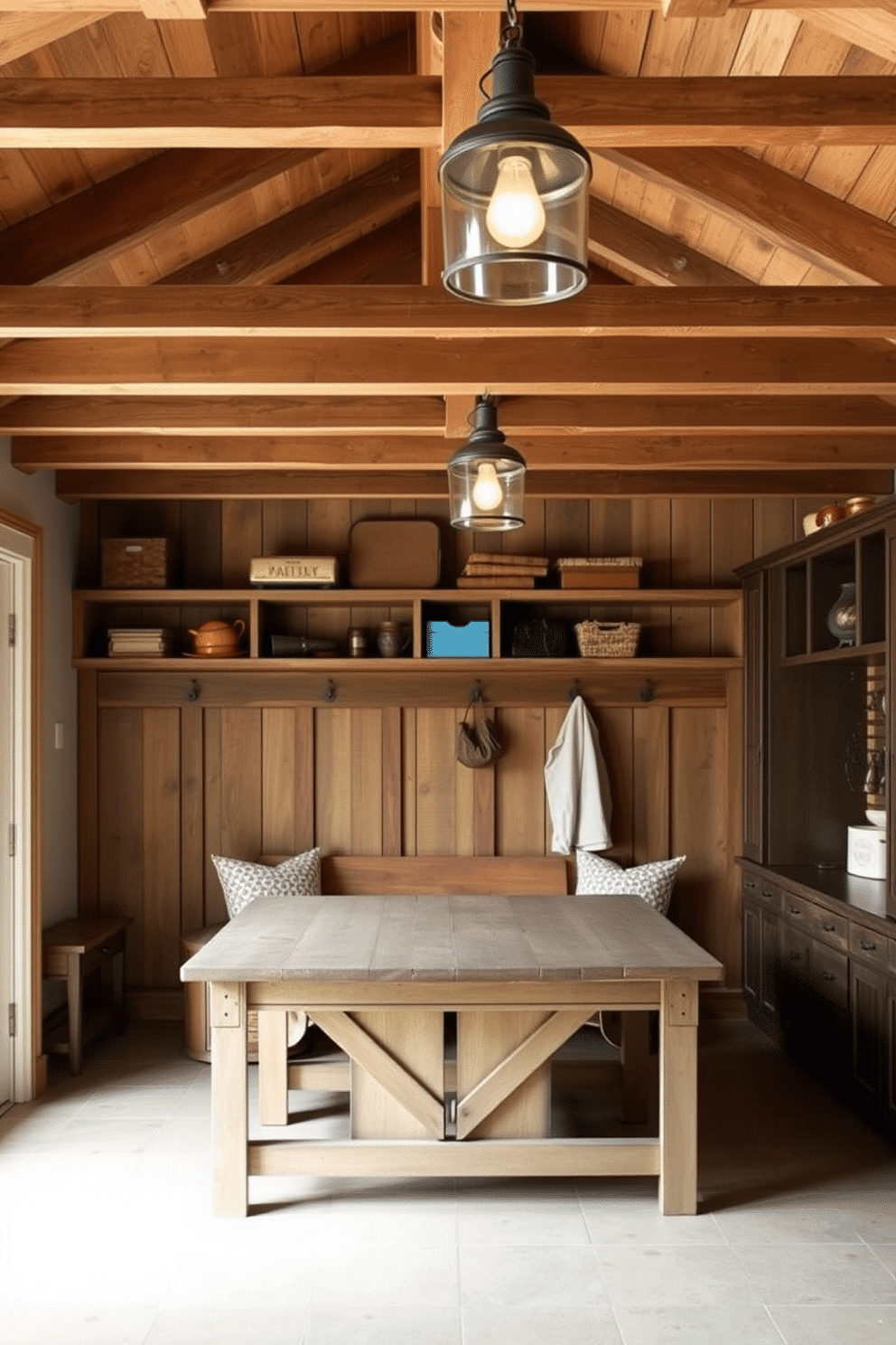 Textured wallpaper in a rustic mudroom creates a warm and inviting atmosphere. The wallpaper features a subtle pattern that adds depth and character to the space, enhancing the overall design. Incorporate a wooden bench with a distressed finish, paired with vintage hooks for hanging coats and bags. The floor is covered with durable, patterned tiles that complement the rustic theme while providing practicality.