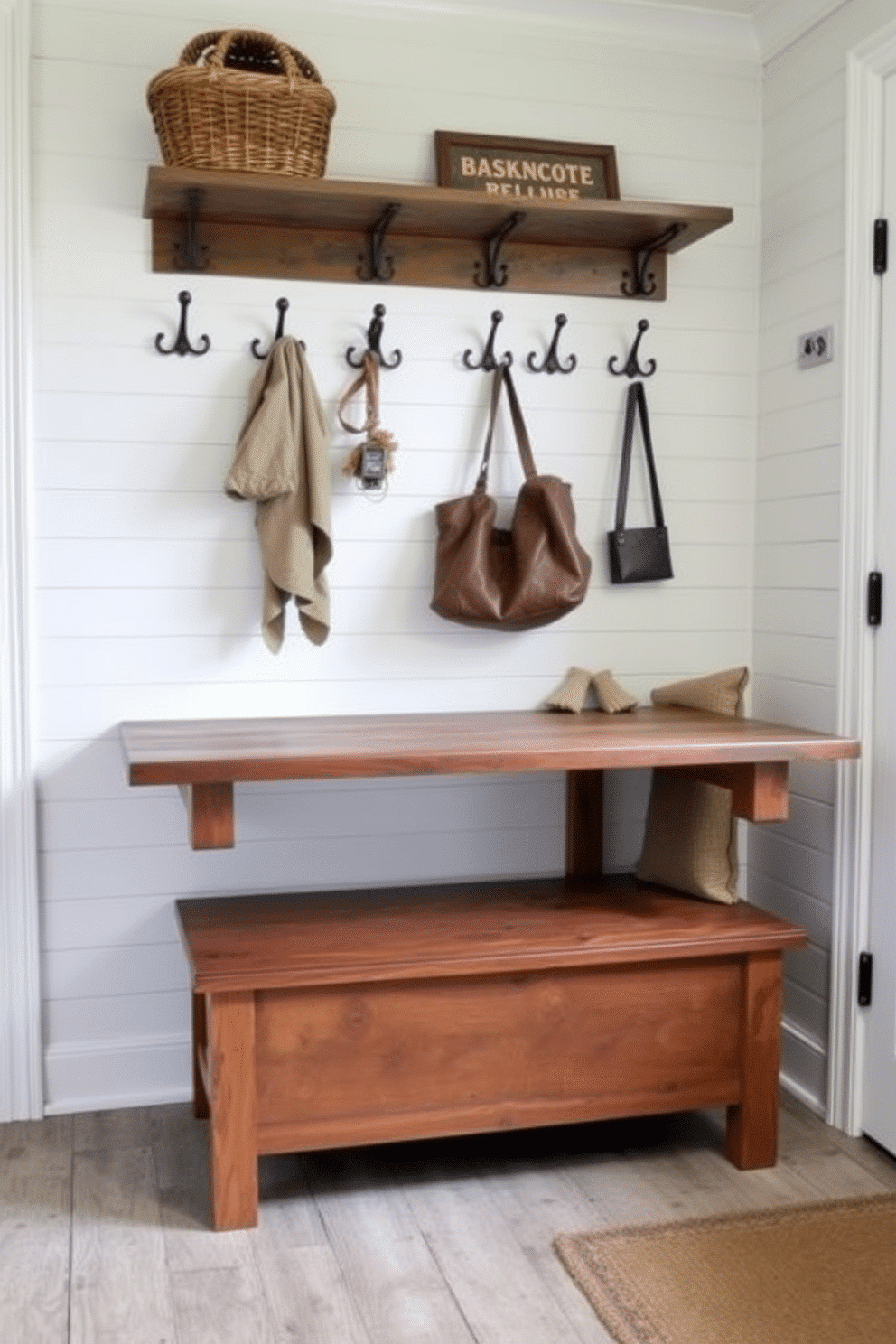 A rustic mudroom features vintage hooks made of wrought iron, elegantly mounted on a reclaimed wood wall. Below, a weathered bench provides a cozy spot to sit while removing shoes, complemented by a patterned area rug that adds warmth to the space.