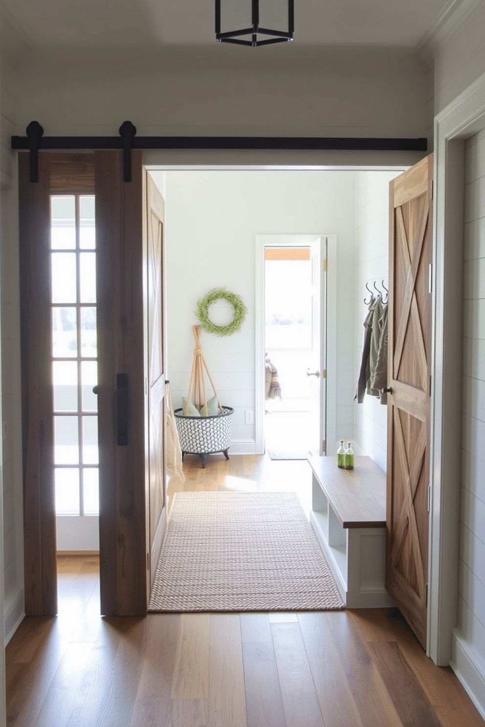 A rustic mudroom features stone flooring that adds natural texture and warmth to the space. The walls are clad in reclaimed wood, and a large wooden bench provides seating, complemented by hooks for hanging coats and bags.