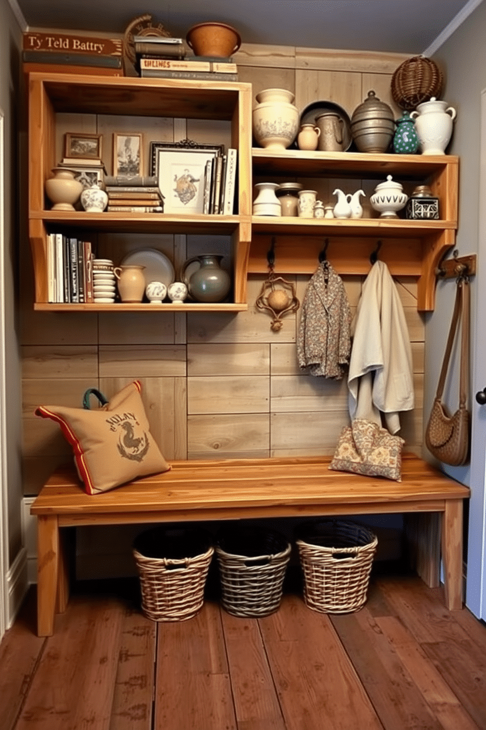 A rustic sliding barn door entrance features a large, weathered wooden door with iron hardware, set against a backdrop of exposed brick walls. The door swings open to reveal a warm, inviting entryway with natural light streaming in through a nearby window. The rustic mudroom design includes built-in wooden benches with storage underneath, perfect for shoes and outdoor gear. A collection of hooks line the wall for coats and bags, while a patterned area rug adds a touch of comfort and style to the space.