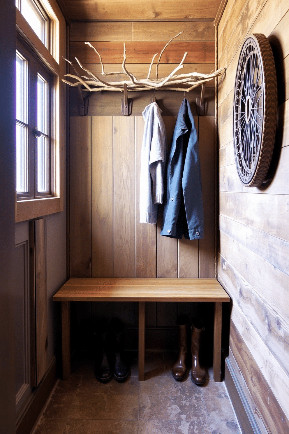 A rustic mudroom features a warm, inviting atmosphere with wooden benches and hooks for hanging coats. Woven baskets are strategically placed on shelves, providing organized storage for shoes and outdoor gear, while a large window allows natural light to flood the space.