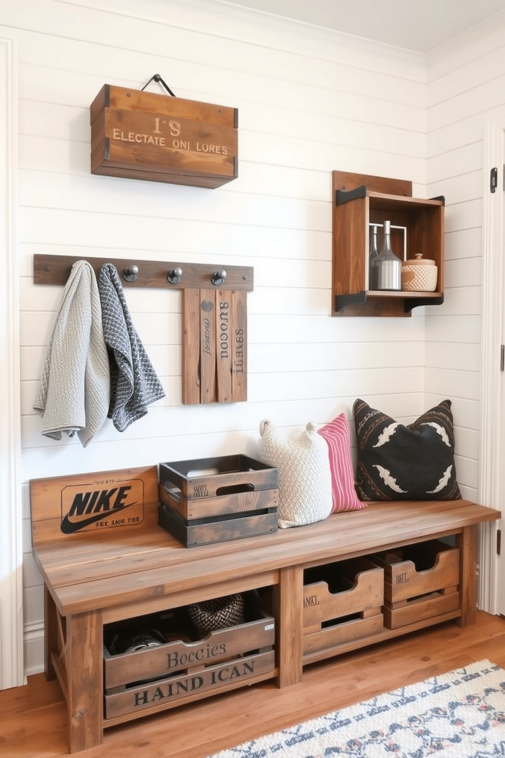 A farmhouse-style table made of reclaimed wood sits against the wall, featuring a weathered finish that adds character. Underneath, woven baskets neatly store shoes, while a vintage-style bench invites guests to sit and remove their footwear. The mudroom is designed with rustic charm, showcasing shiplap walls painted in a soft white hue. A large coat rack made of distressed wood provides ample space for hanging jackets, and a durable, patterned rug anchors the space, enhancing its cozy feel.