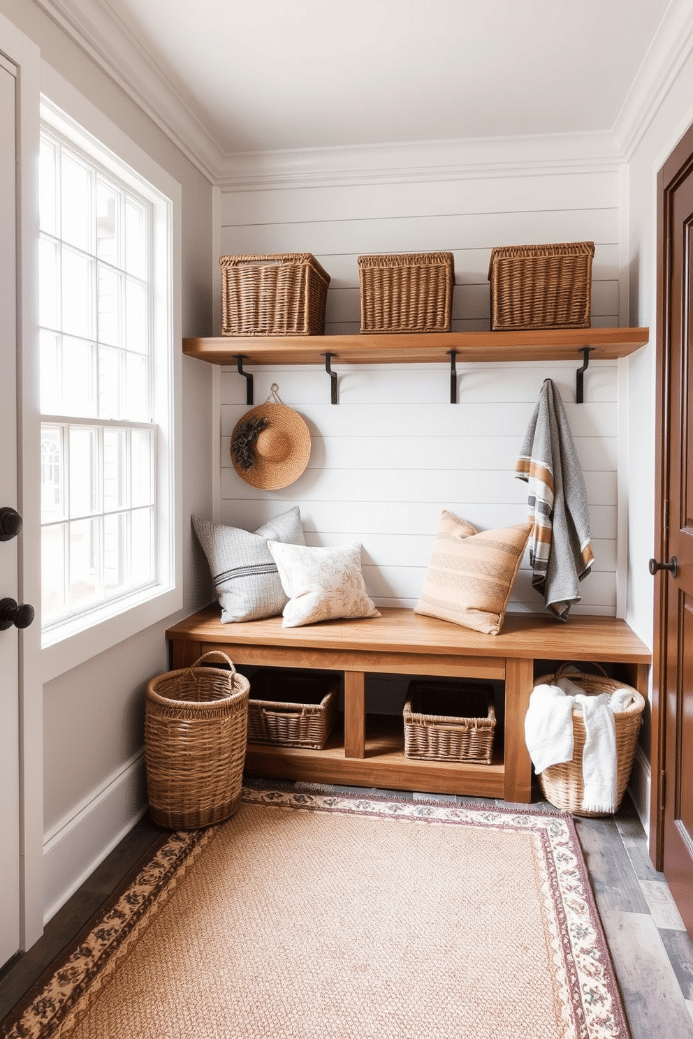 A stylish log storage area for firewood features a handcrafted wooden rack, showcasing neatly stacked logs in varying sizes. The storage is positioned against a rustic stone wall, with soft ambient lighting illuminating the natural textures. The mudroom design exudes rustic charm, featuring a combination of reclaimed wood benches and open shelving for shoes and bags. Earthy tones dominate the color palette, complemented by patterned tiles that add warmth and character to the space.