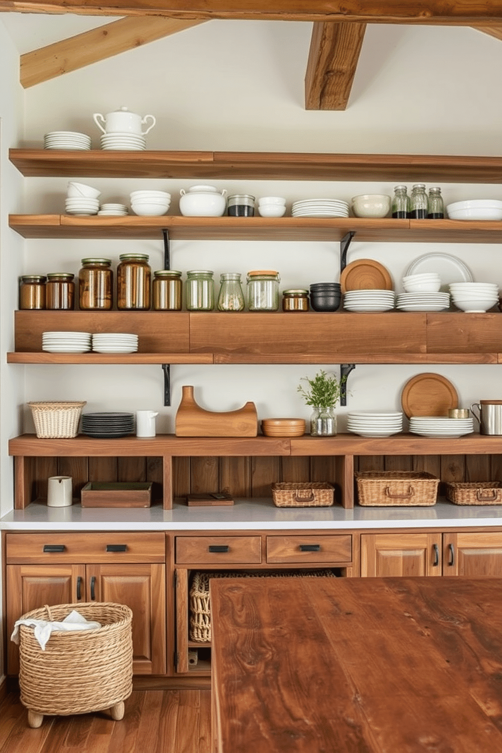 Open shelving with reclaimed wood accents creates a warm and inviting atmosphere, showcasing a curated selection of artisanal jars and vintage dishware. The rustic charm is enhanced by the natural texture of the wood, complemented by soft, ambient lighting that highlights the unique features of each shelf. For a rustic pantry design, incorporate weathered wood cabinetry and an antique farmhouse table for food prep. The space should feature woven baskets for storage and an open layout that encourages a seamless flow between cooking and gathering.