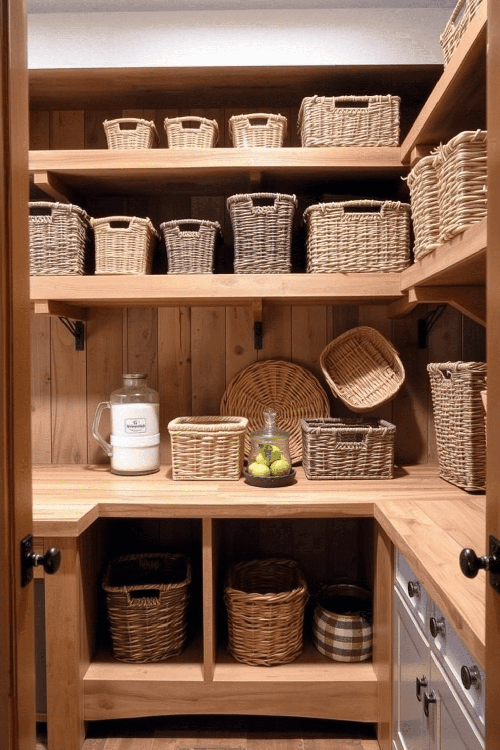 A rustic pantry design featuring woven baskets adds a cozy touch to the space. The baskets, in various sizes, are neatly arranged on wooden shelves, creating an inviting and functional storage solution. Natural wood accents, such as a reclaimed wood countertop and open shelving, enhance the rustic charm. Soft lighting illuminates the area, highlighting the textures of the baskets and the warmth of the wood.