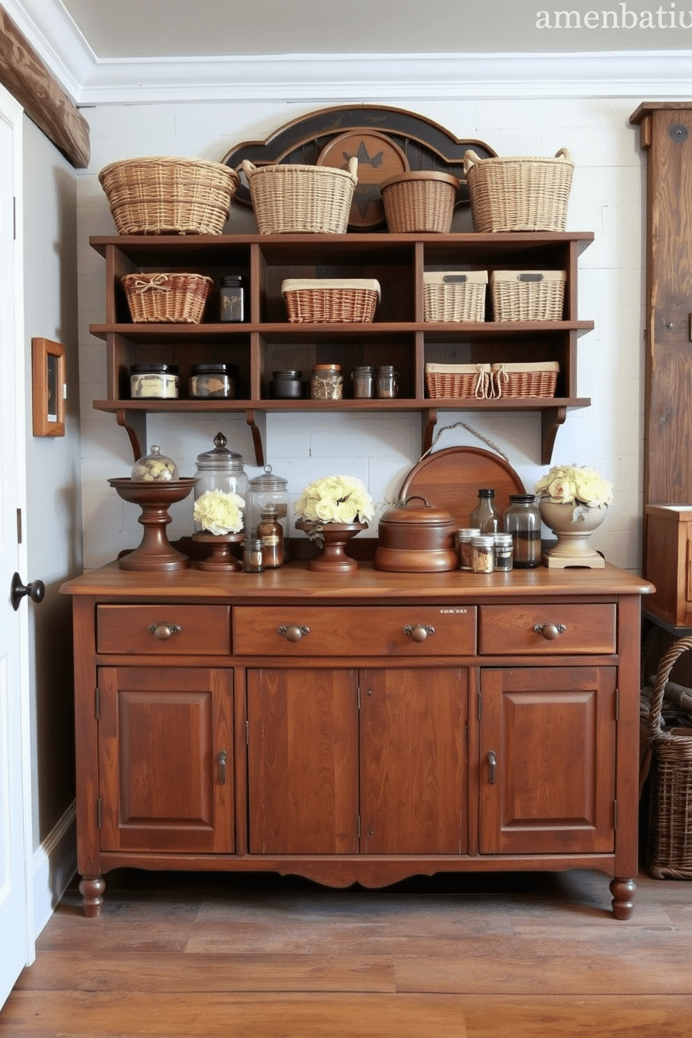 A rustic pantry featuring antique furniture repurposed for storage. The centerpiece is a vintage wooden sideboard, adorned with decorative jars and baskets, providing both functionality and charm.