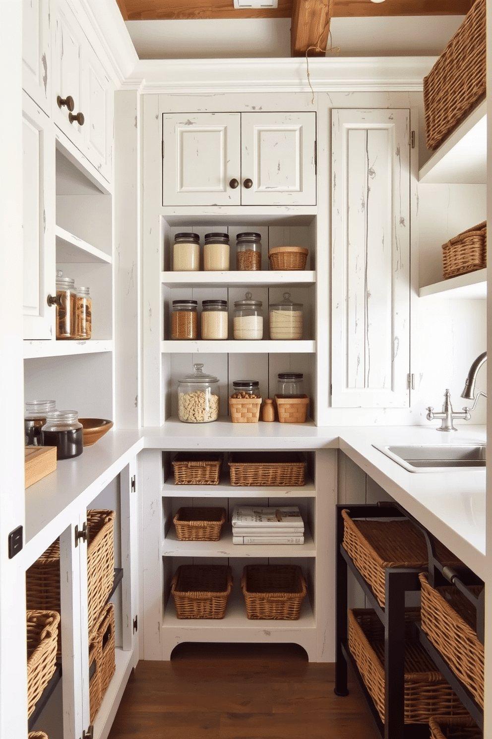 A charming rustic pantry featuring whitewashed cabinets adorned with elegant bronze hardware. The space is filled with open shelving, showcasing a variety of jars and baskets that add warmth and character.