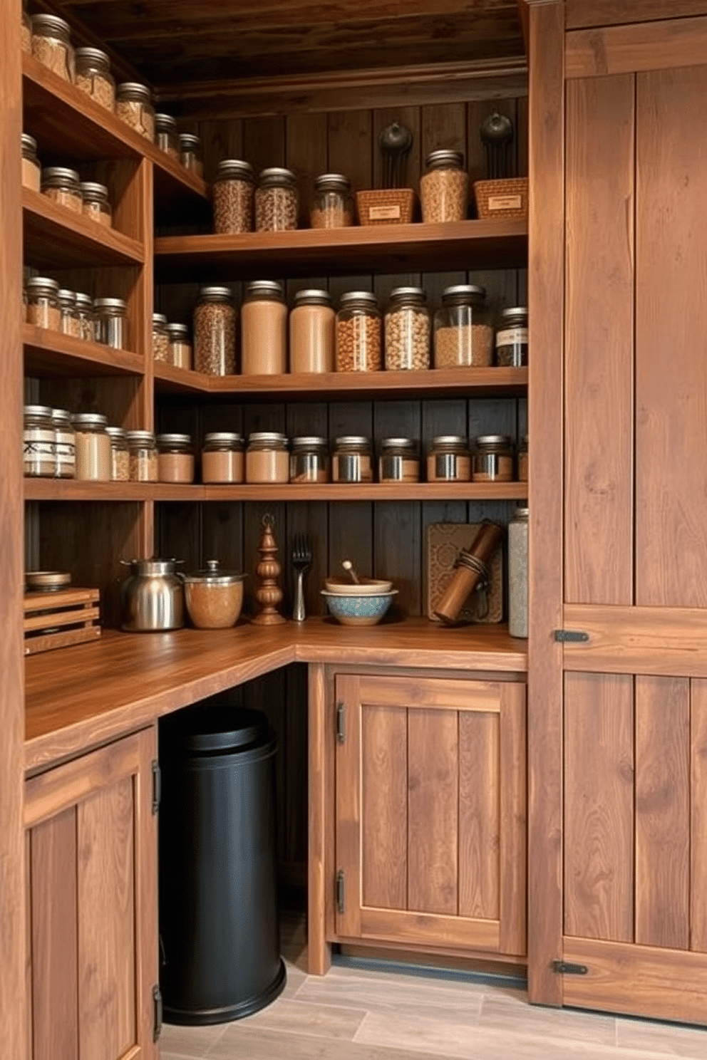 A rustic pantry design featuring a blend of open shelving and closed cabinetry. The open shelves display an assortment of jars filled with grains and spices, while the closed cabinets, crafted from reclaimed wood, provide hidden storage for larger items.