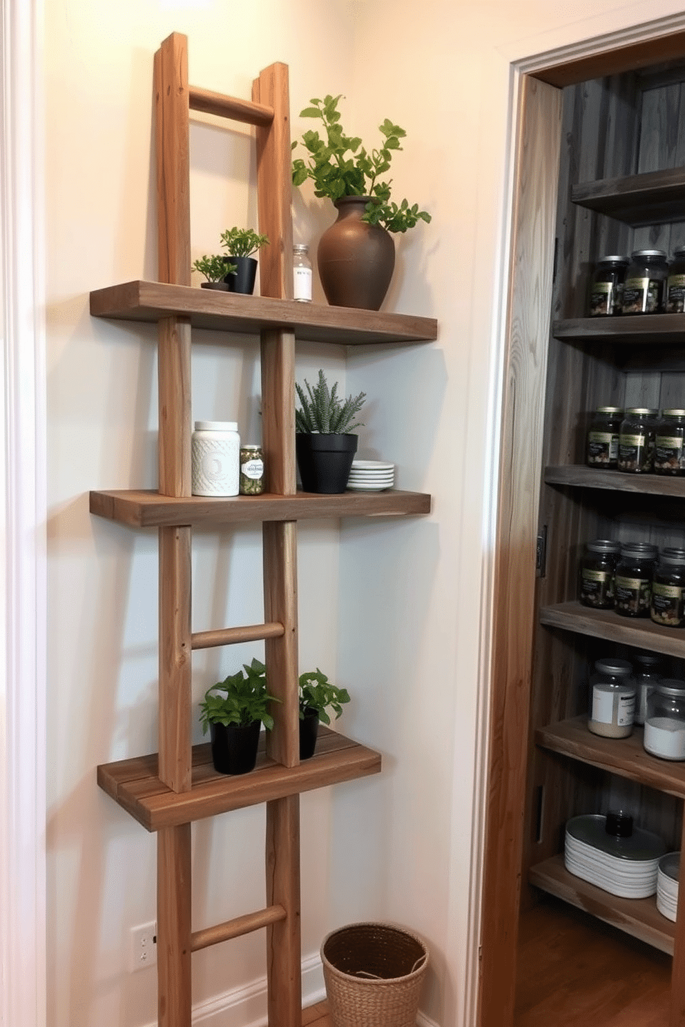 A rustic ladder leans against a wall, serving as a unique shelving solution for displaying decorative items and plants. The ladder is made of reclaimed wood, adding character and warmth to the space. In the pantry, open shelving made from distressed wood complements the rustic ladder, providing ample storage for jars and kitchen essentials. Soft, ambient lighting highlights the natural textures and creates an inviting atmosphere.