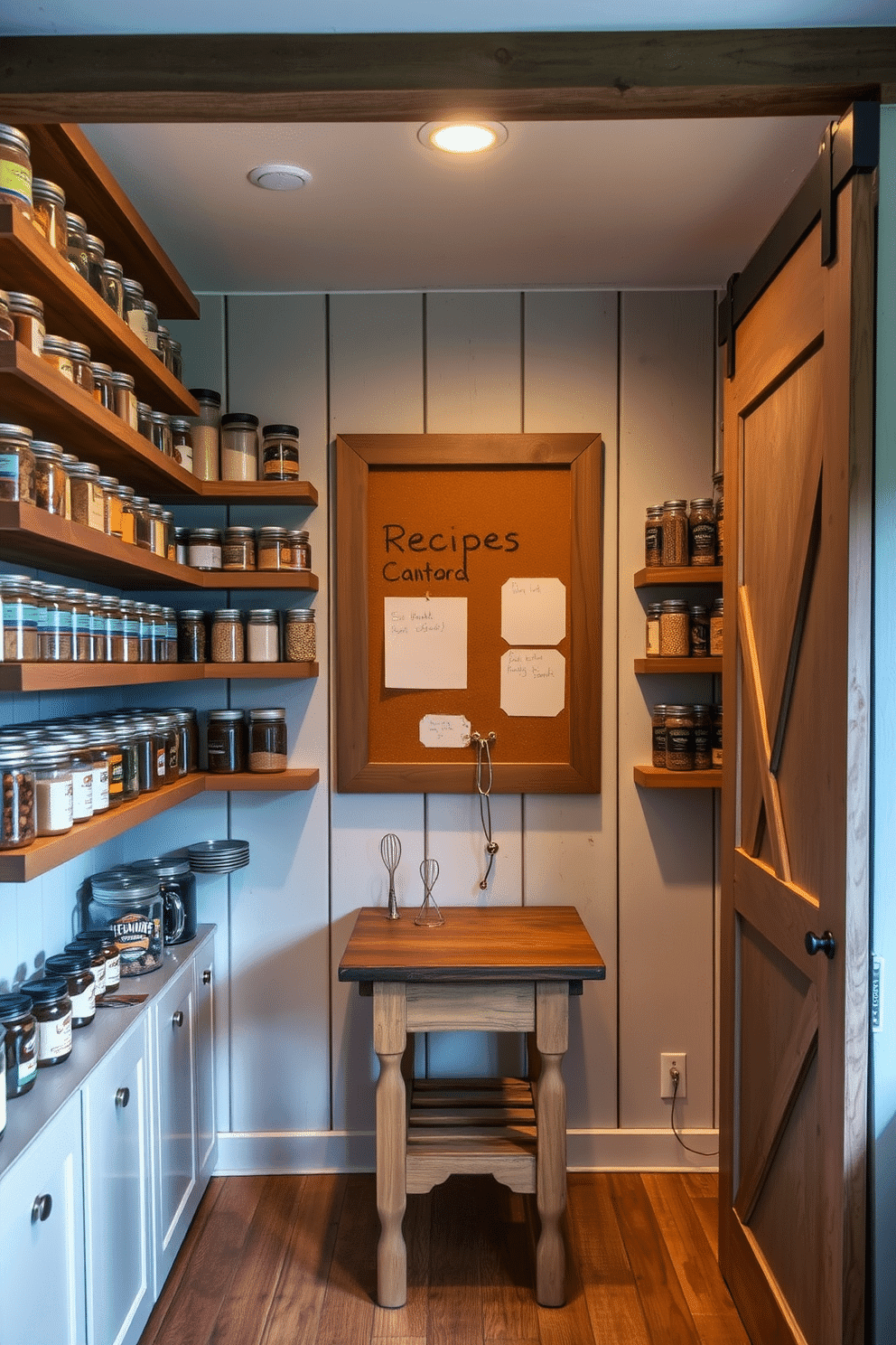 A charming rustic pantry filled with wooden shelves showcasing an array of jars filled with spices and dried goods. The walls are adorned with a corkboard for recipes and notes, framed in reclaimed wood, adding a personal touch to the space. The pantry features a sliding barn door, enhancing the rustic aesthetic, while a small wooden table is placed in the center for meal prep. Soft, warm lighting illuminates the area, creating an inviting atmosphere perfect for culinary creativity.