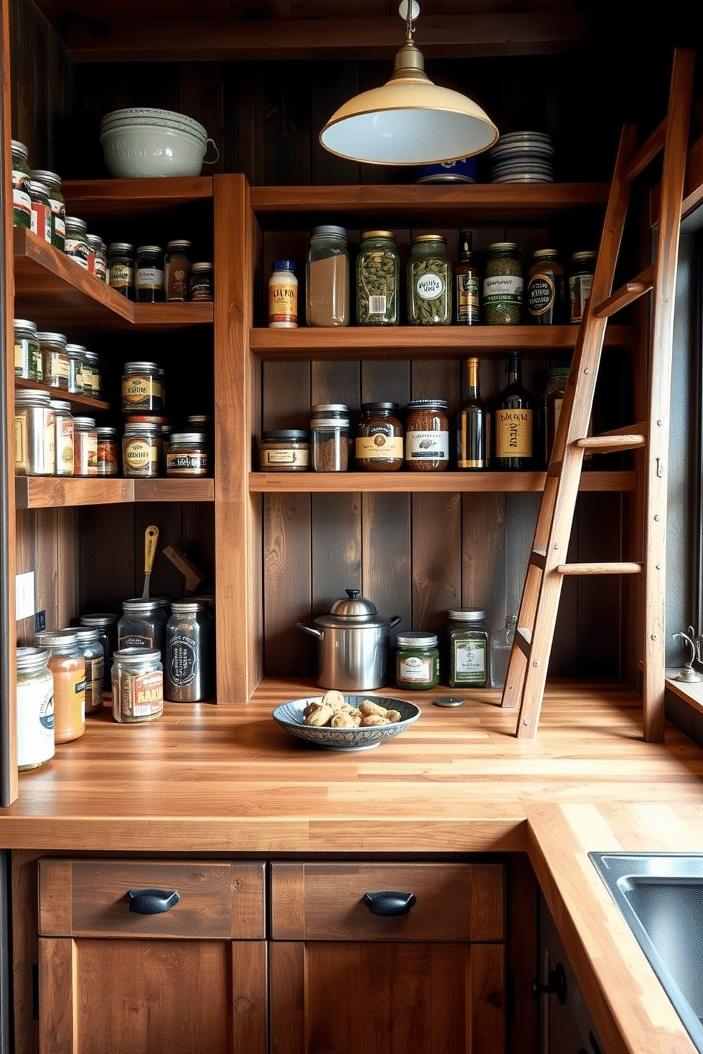 A rustic pantry featuring a wooden countertop designed for ample prep space. The shelves are crafted from reclaimed wood, holding jars of spices and canned goods, while a vintage ladder leans against the wall for easy access to the top shelves.