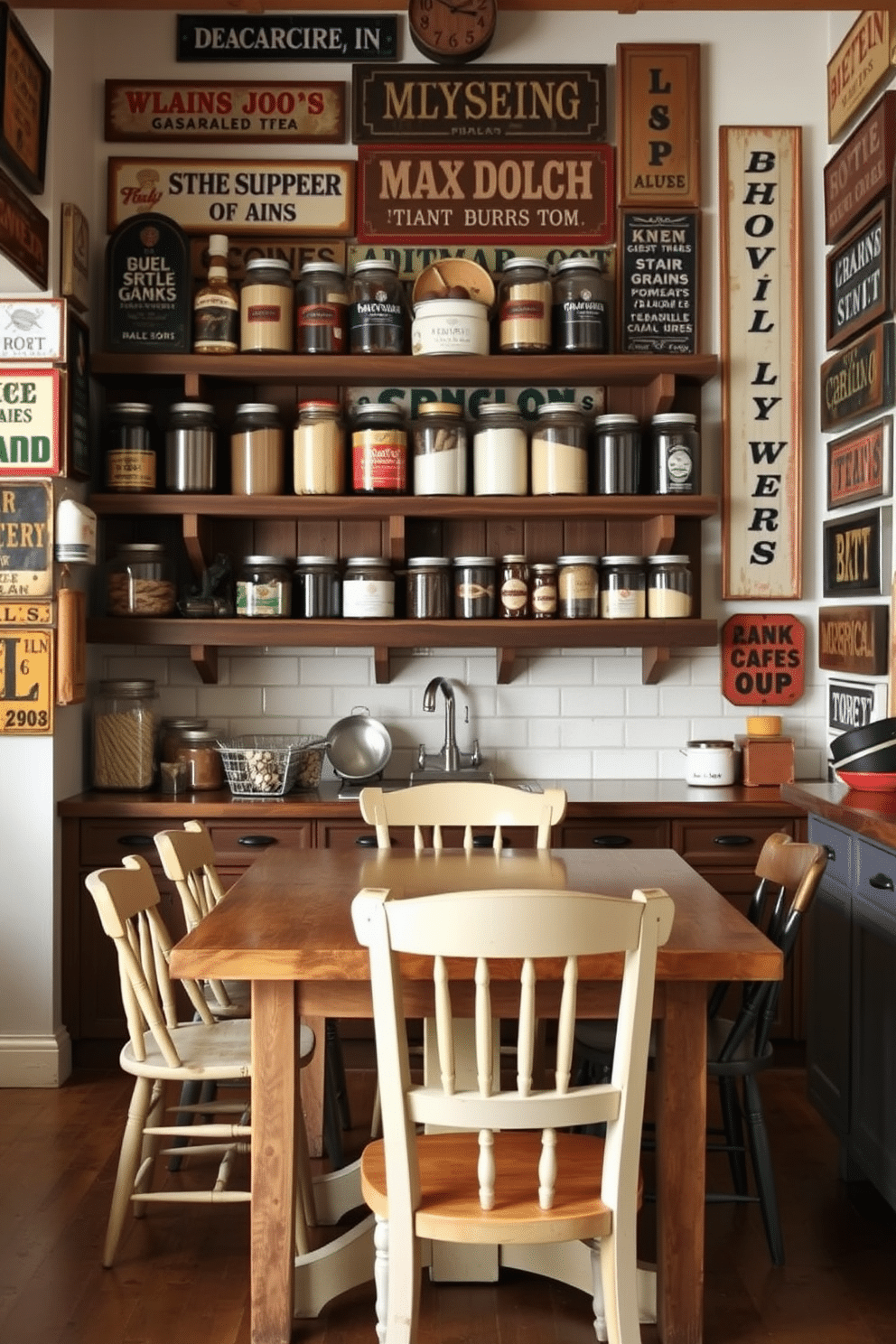 A collection of vintage signs adorns the walls, each telling a story from a bygone era. These decorative accents add character and charm to the space, complementing the overall aesthetic. The rustic pantry features open shelving made of reclaimed wood, showcasing an array of jars filled with grains and spices. A farmhouse-style table sits in the center, surrounded by mismatched chairs that enhance the cozy, inviting atmosphere.