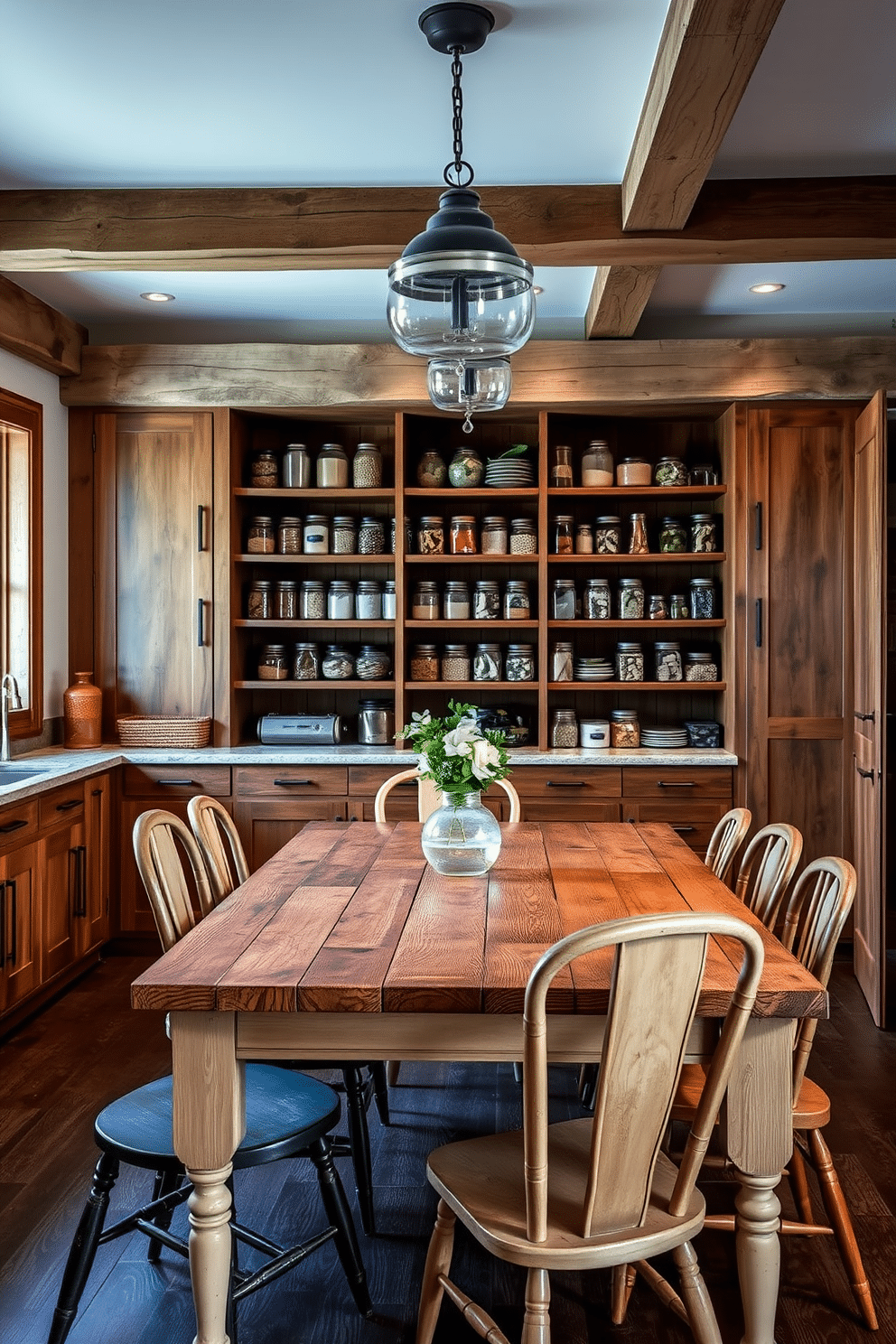 A charming farm-style dining table serves as a workspace, crafted from reclaimed wood with a distressed finish. Surrounding the table are mismatched vintage chairs, creating a cozy and inviting atmosphere. The rustic pantry features open shelving made from rough-hewn wood, displaying an array of mason jars filled with grains and spices. Soft, ambient lighting illuminates the space, highlighting the natural textures of the wooden beams and the warm tones of the cabinetry.