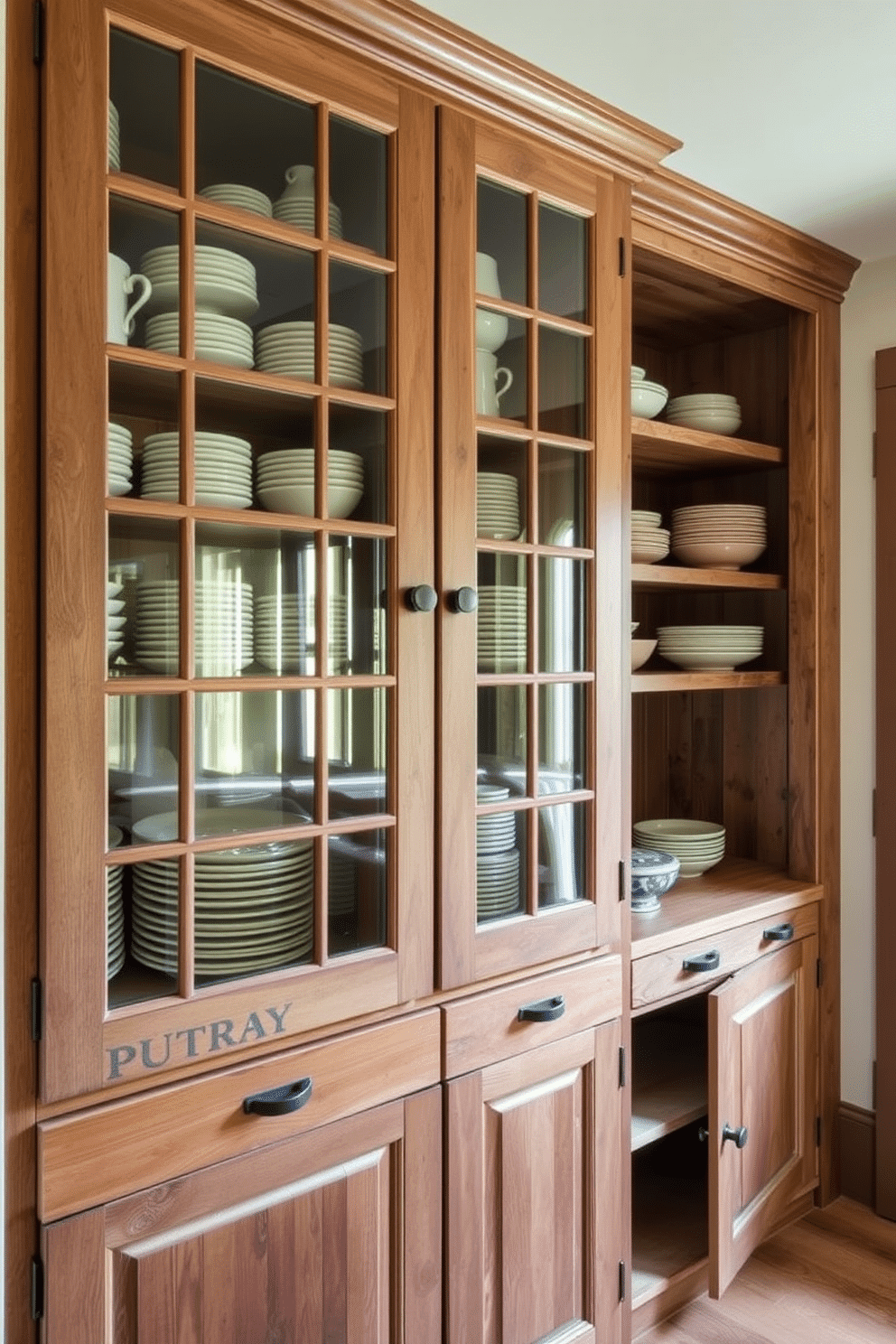 A rustic pantry featuring glass-front cabinets that elegantly showcase an array of colorful dishware. The cabinets are crafted from reclaimed wood, adding warmth and character to the space, while the pantry is adorned with vintage-inspired hardware and open shelving for additional storage.